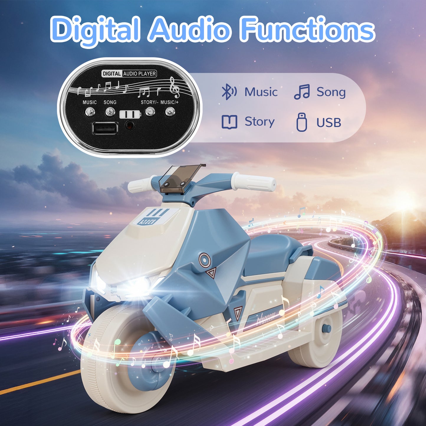 Pirecart Kids Electric Motorcycle, 6V Toddler Motorcycle with Realistic Sounds, LED Light, Children Ride on Toy with MP3/USB, Non-Slip Tires, Gift for Age 3+