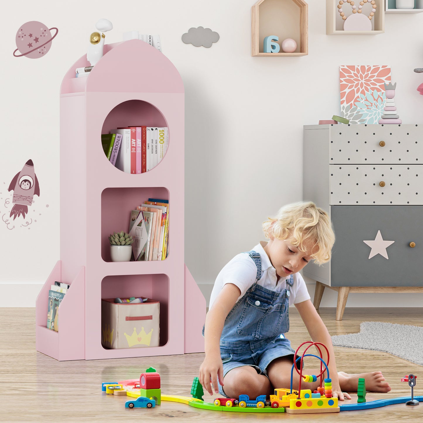 Pirecart Kids Bookshelf 3-Tier Wooden Kids Bookcase with Toy Storage for Bedroom, Playroom, Nursery