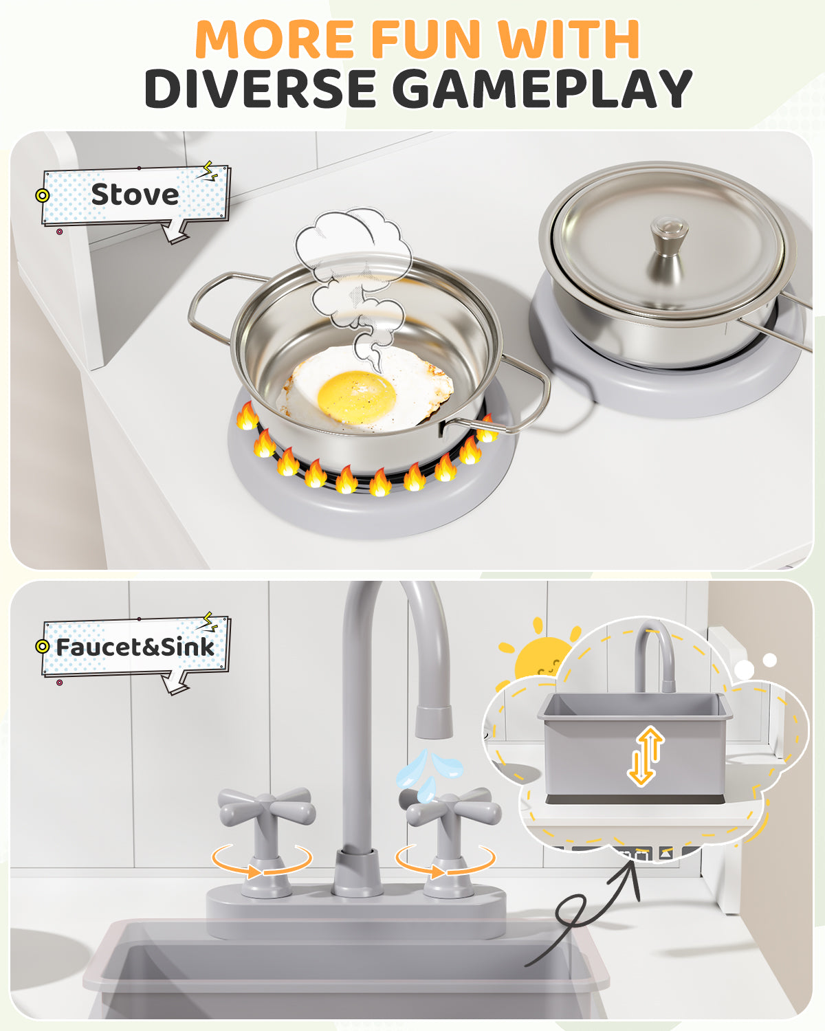 Pirecart Kids Play Kitchen with Ample Storage and Cooking Accessories, Toddler Kitchen Playset with Simulated Gas Tray, Clicking Knobs, Sink, Faucet