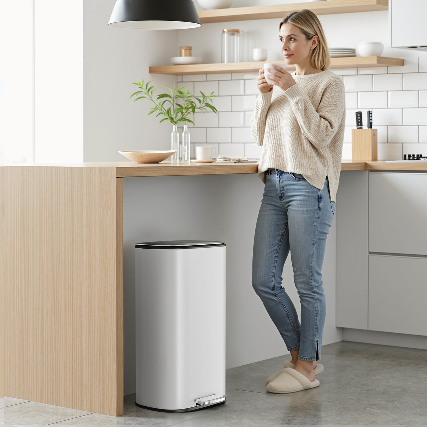 Pirecart Stainless Steel Trash Can, 8 Gal Oval Garbage Can W/ Slow-Closing Lid & Removable Inner Bucket, Foot-operated Soft Lid Trash Can for kitchen, Home, Office