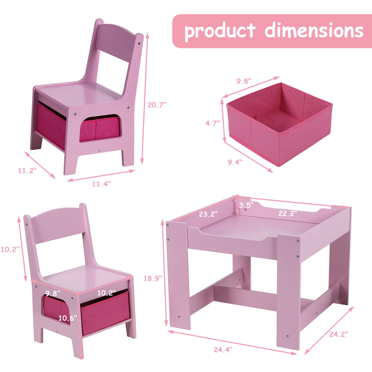 pirecart Kids Table and Chair Set, Wooden Toddler Activity Table with Storage Boxes