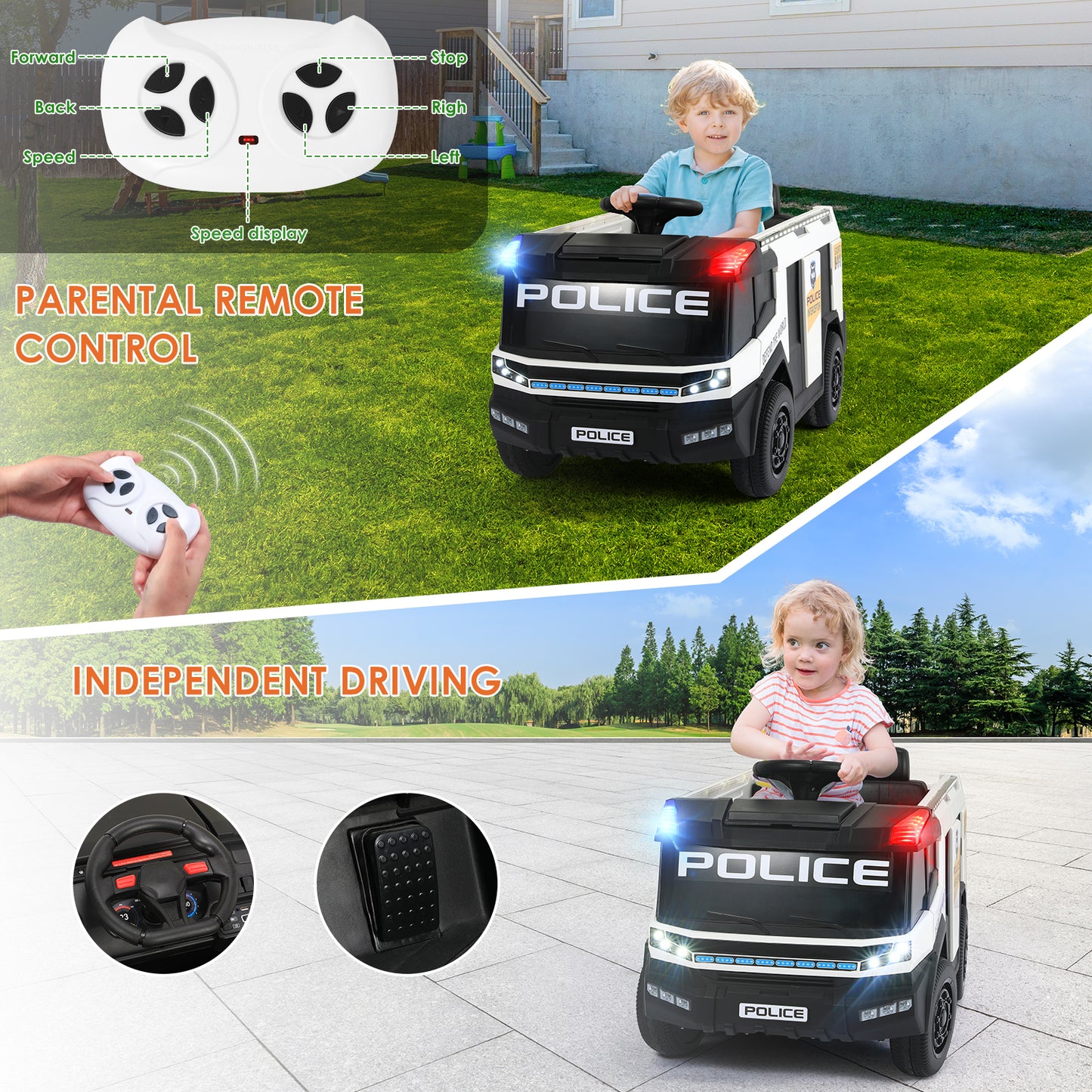 Pirecart 12V Kids Ride on Car Electric Powered Fire Truck Car with Remote Control, LED Light, Siren and Water Gun