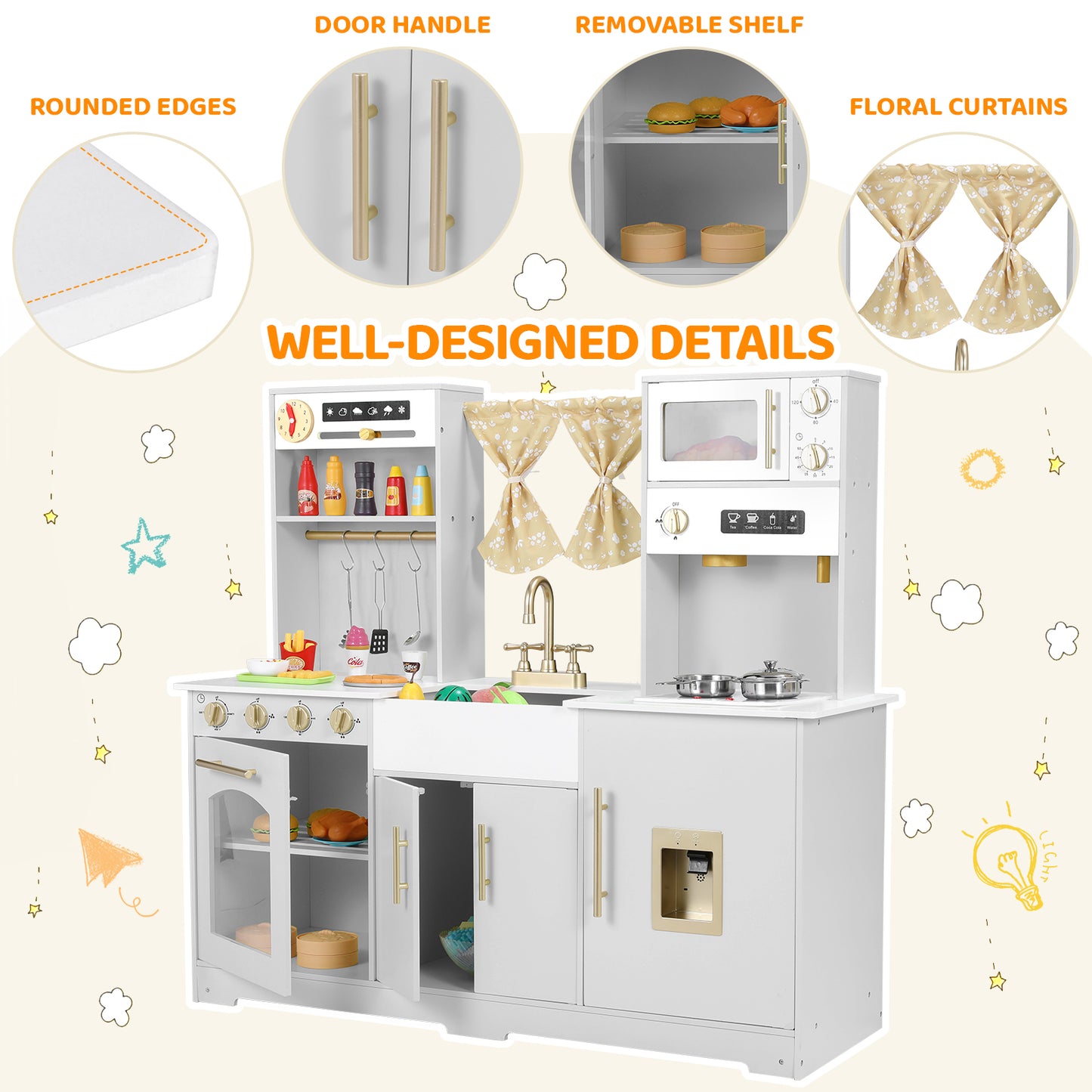 pirecart Kids Play Kitchen, Wooden Pretend Toy Kitchen, Toodler Cooking Playset w/Stove, Sink, Microwave, Water Dispenser, Curtain