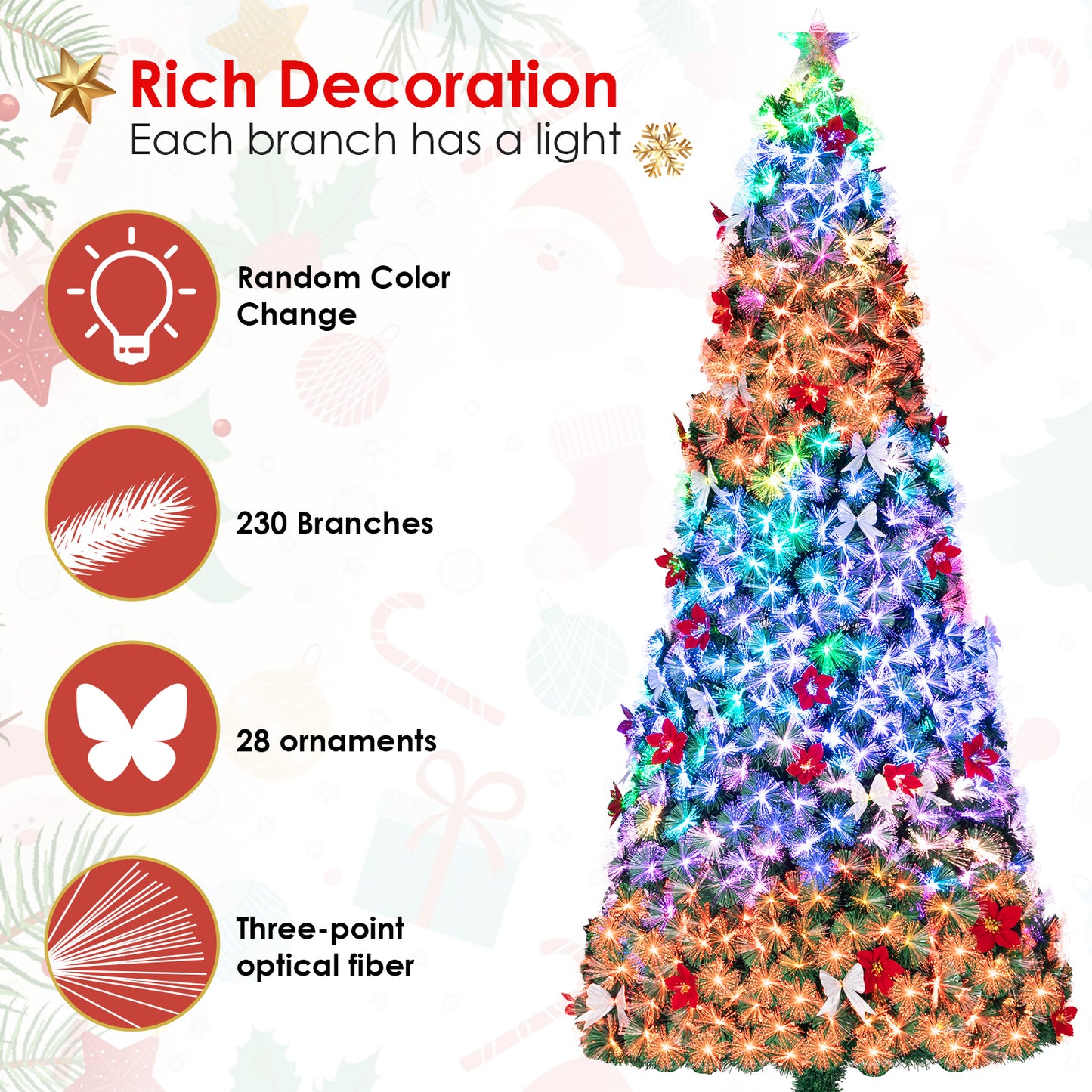 pirecart 6/8/9/10 ft Fiber Optic Artificial Christmas Tree, Pre-Lit Christmas Tree with Artificial Flowers and Bow