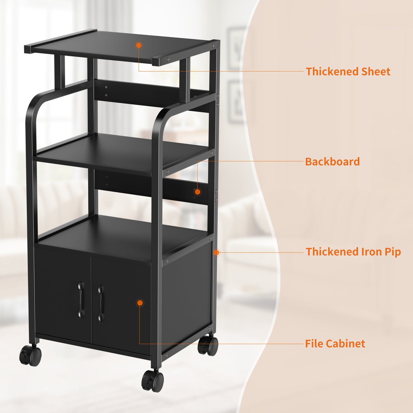 Pirecart Mobile Printer Stand, 4-Tier File Rack with Lockable Casters,Wooden File Cabinet with Shelves,File Organizer Shelf Filing Cabinet w/Iron Pipe for Home, Office, Dorm, Living Room