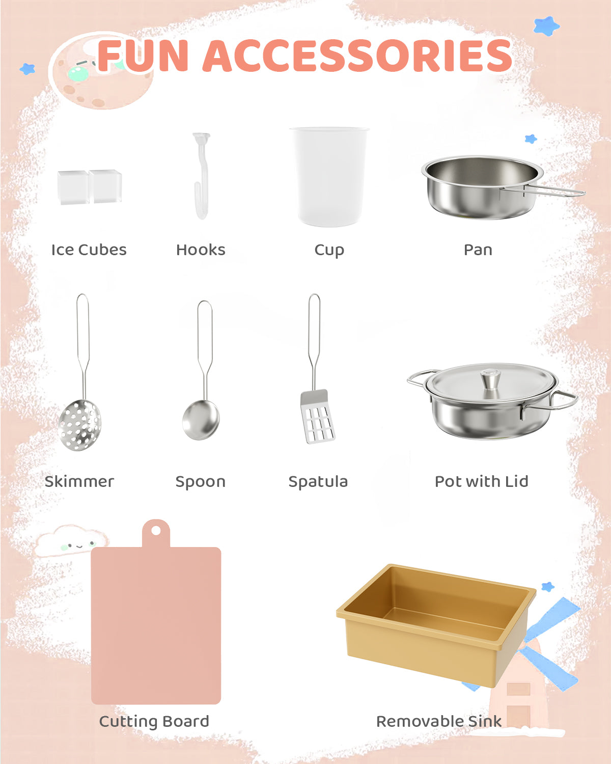 Pirecart Wooden Corner Play Kitchen, Kids Play Kitchen with Blackboard and 6Pcs Cooking Accessories, Toddler Play Kitchen Set with Realistic Sound & Light