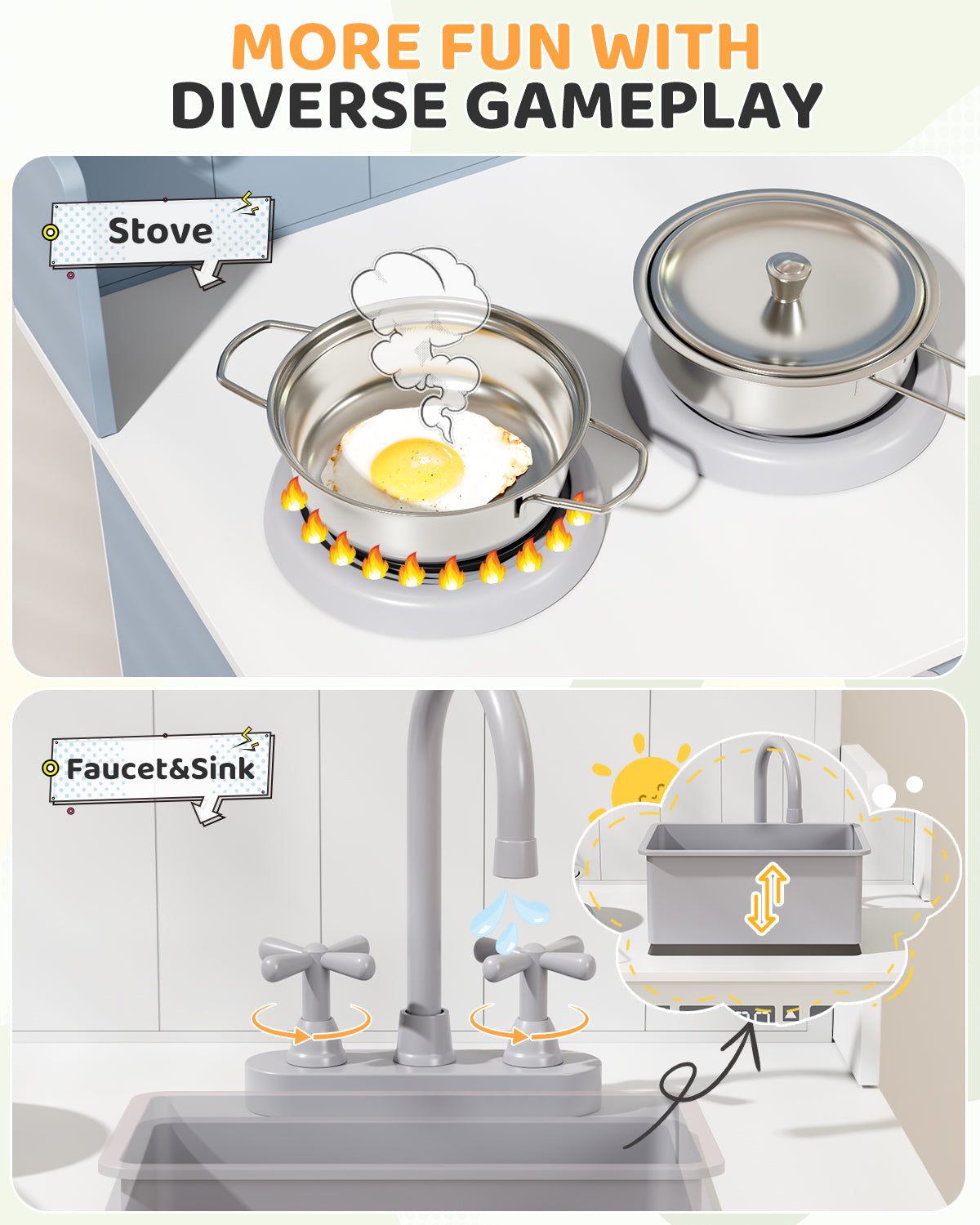 Pirecart Kids Play Kitchen with Ample Storage and Cooking Accessories, Toddler Kitchen Playset with Simulated Gas Tray, Clicking Knobs, Sink, Faucet
