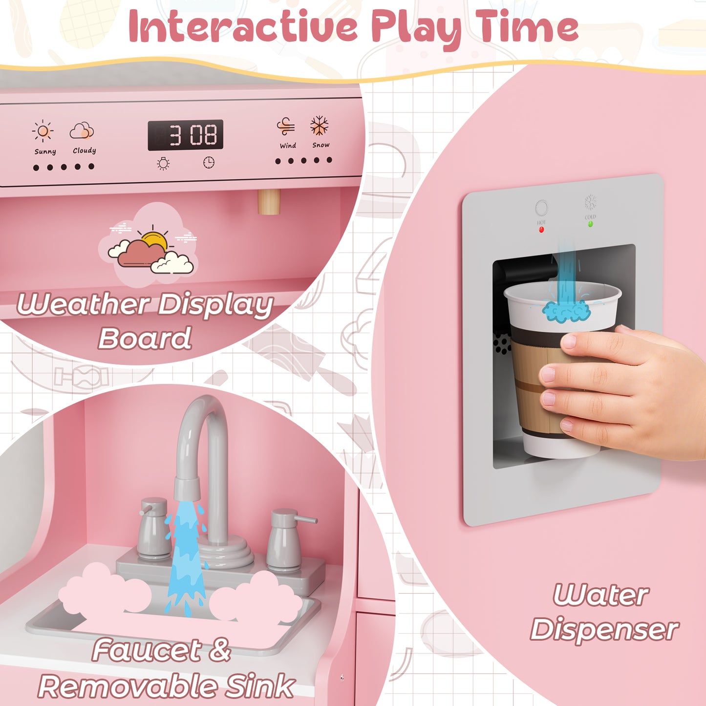 Pirecart Toddler Pretend Paly Kitchen, Wooden Kitchen Play Set with Real Sound and Light, 6-Piece Kitchenware, Sink & Stove, Water Dispenser & Hood, Kids Play Kitchen for Age 3+