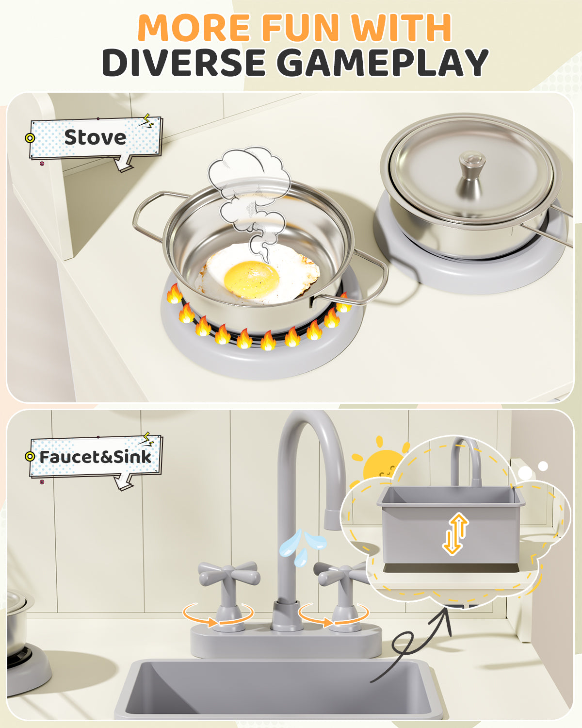 Pirecart Kids Play Kitchen with Ample Storage and Cooking Accessories, Toddler Kitchen Playset with Simulated Gas Tray, Clicking Knobs, Sink, Faucet