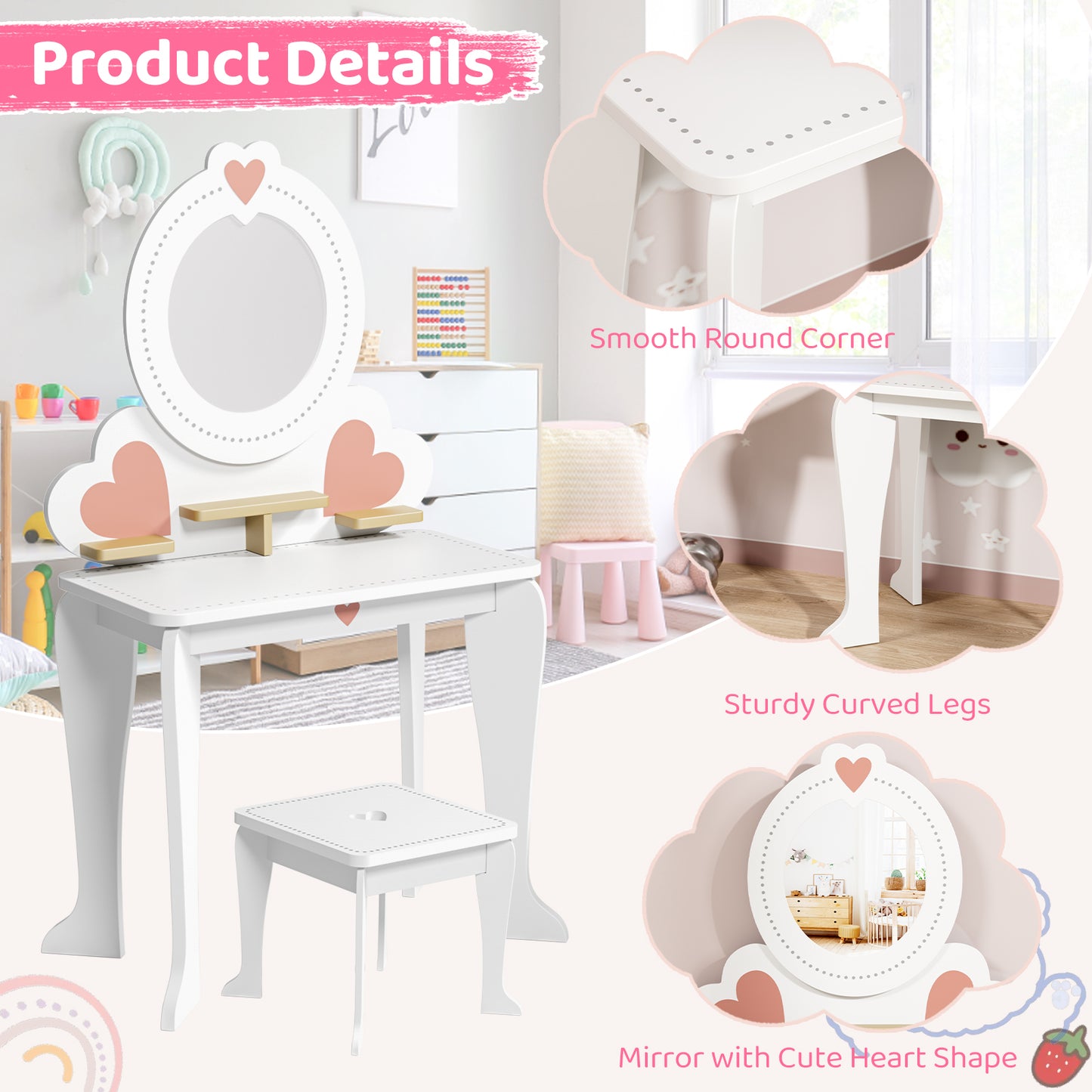Pirecart Kids Vanity Makeup Table & Chair Set Make Up Stool Play Set for Children, Toddler Makeup Toy with 8 Pcs Accessories for Pretend Play