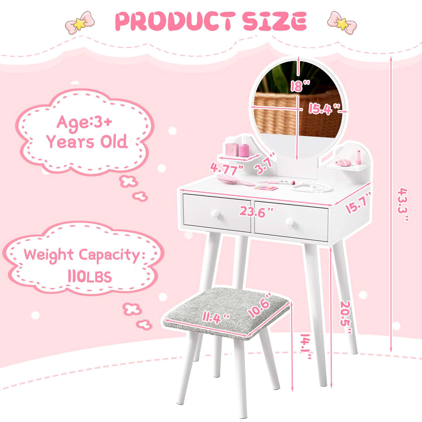 Pirecart Kids Vanity Table and Chair Set, 2 in 1 Wooden Makeup Table and Stool with Storage Drawer & Shelves & Detachable Top, Girls Vanit for Age 3+