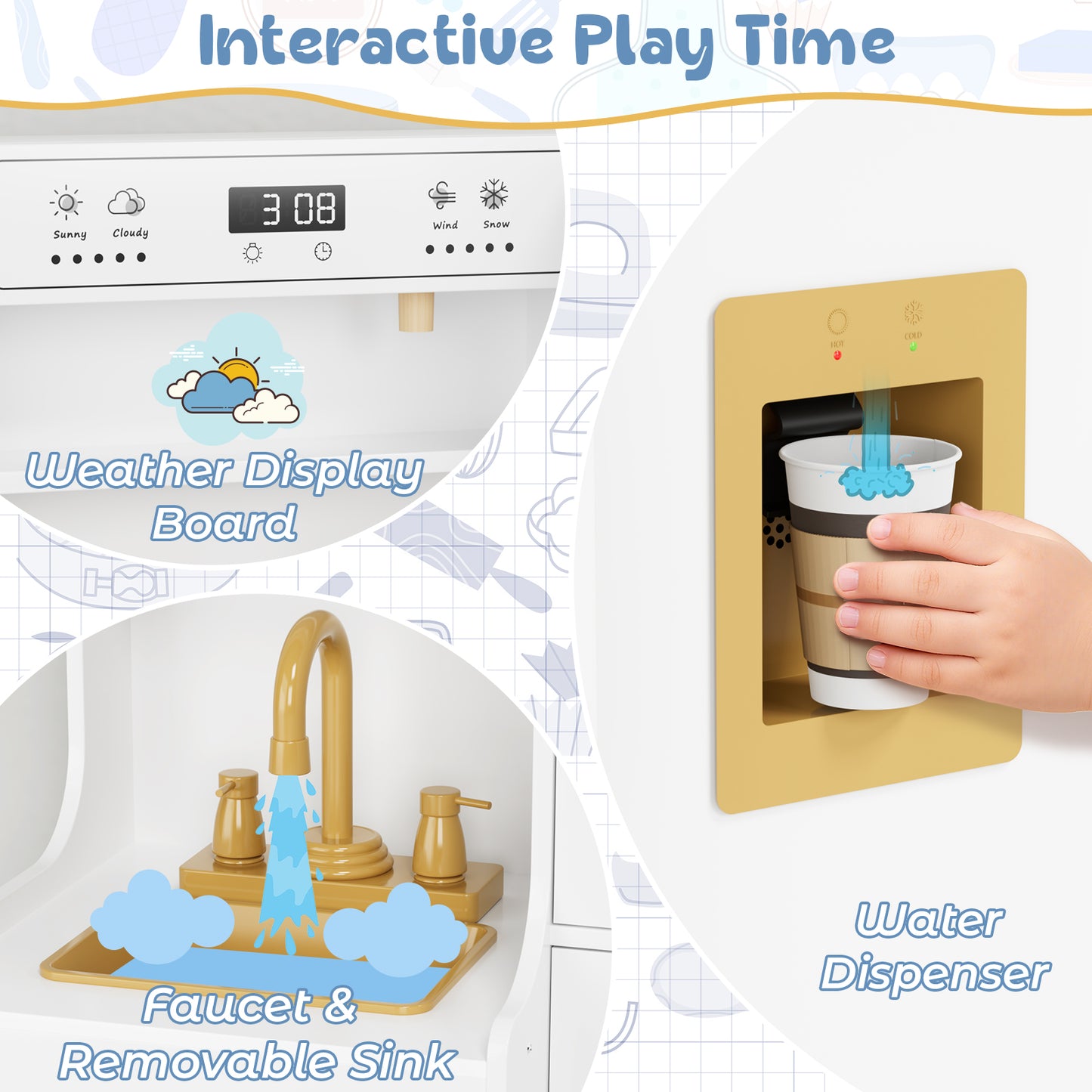 Pirecart Toddler Pretend Paly Kitchen, Wooden Kitchen Play Set with Real Sound and Light, 6-Piece Kitchenware, Sink & Stove, Water Dispenser & Hood, Kids Play Kitchen for Age 3+