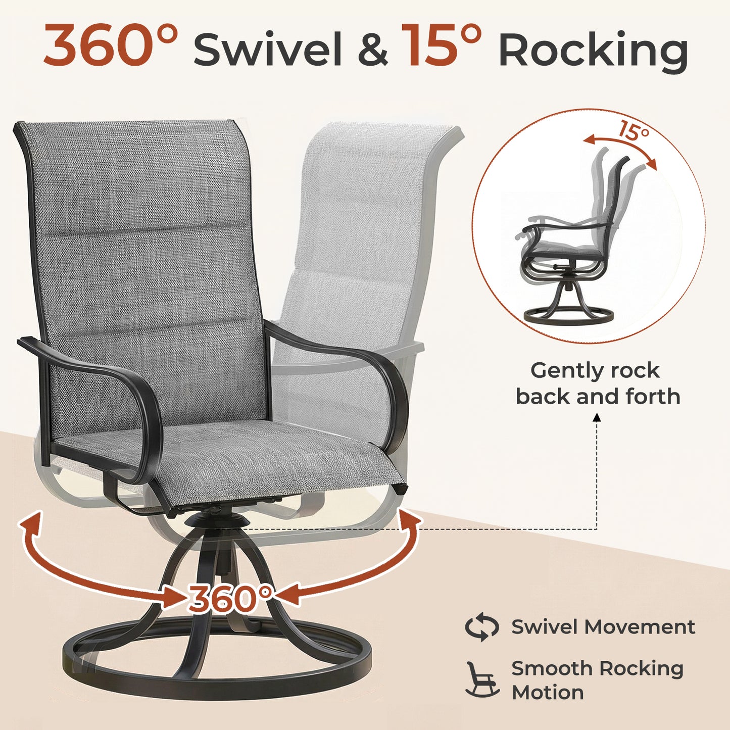 Pirecart Padded Patio Swivel Chairs Set of 2, Outdoor 360° Dining Chairs W/ Metal Rocking Frame & Armrest, High Back Textilene Patio Dining Chairs