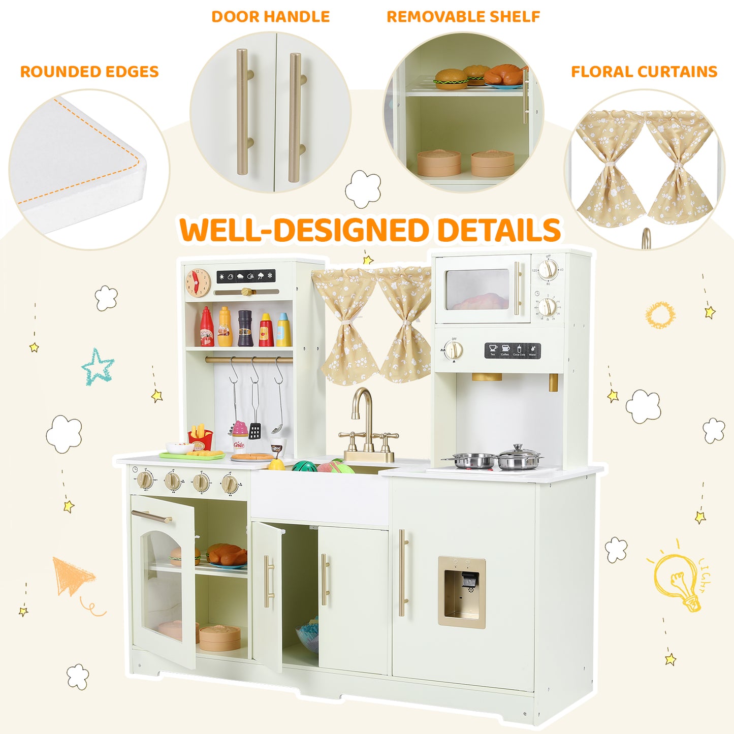 pirecart Kids Play Kitchen, Wooden Pretend Toy Kitchen, Toodler Cooking Playset w/Stove, Sink, Microwave, Water Dispenser, Curtain