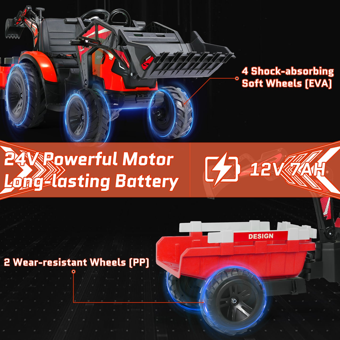 Pirecart 3 in 1 Ride on Tractor Excavator Bulldozer, 24V Kid Electric Vehicle w/Trailer, Shovel Bucket, Digger, Remote Control, LED Lights, EVA Tire, Music & Bluetooth, Toddler Ride on Car