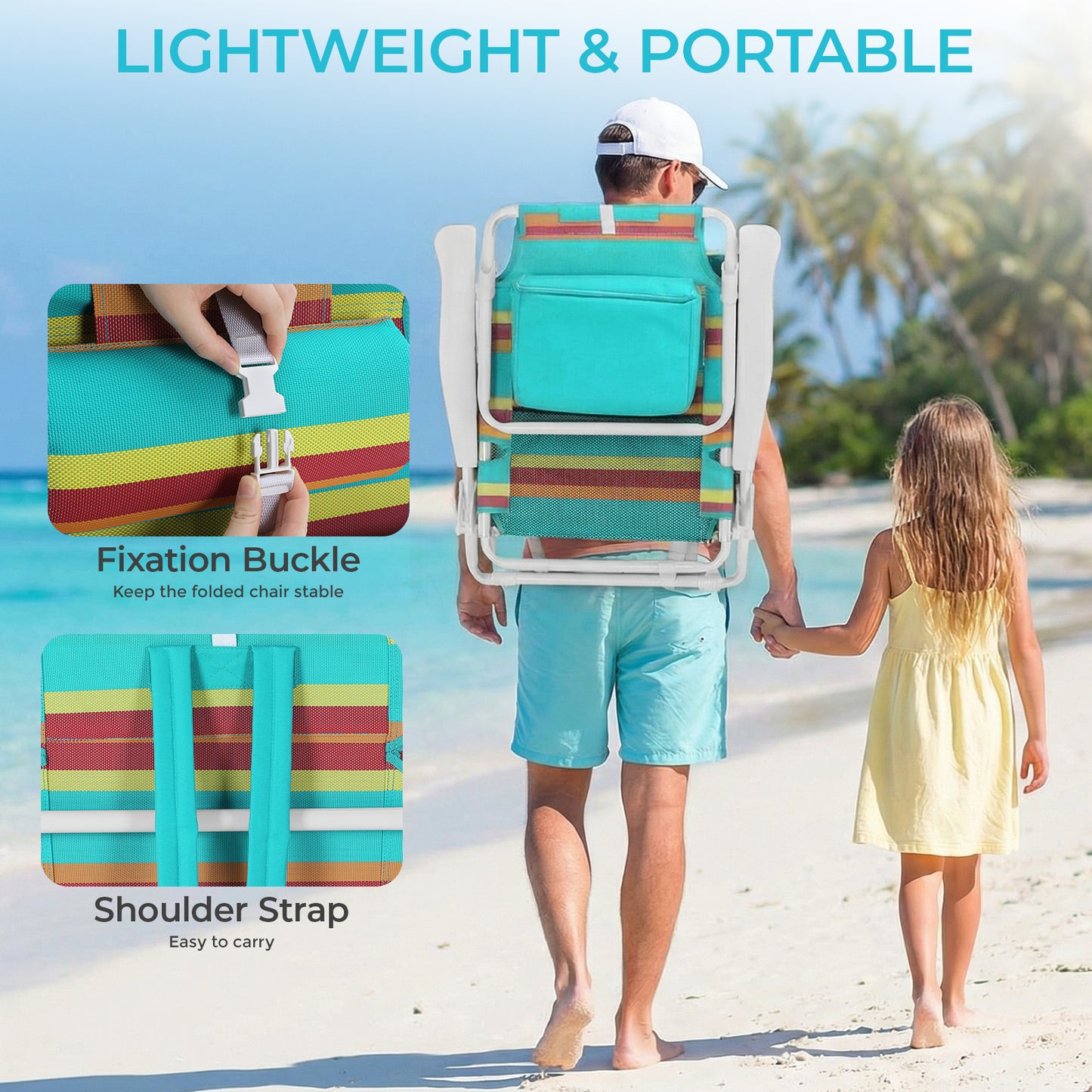 Foldable Beach Chair, 5-Position Lay Flat Reclining Beach Chair W/ Headrest, Storage Bag, Cooler Pouch,Towel Bar, Foot Mat