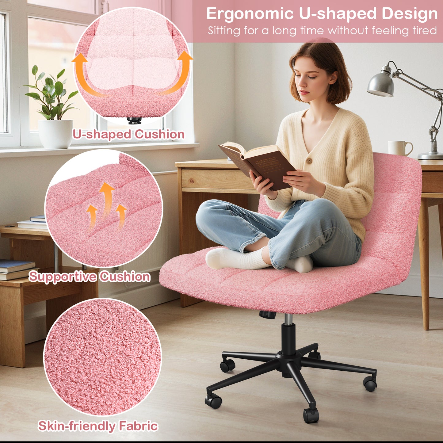 Pirecart Criss Cross Chair with Wheels, Armless Swivel Vanity Chair, Height Adjustable Cross Legged Office Chair with Comfy Wide Cushion for Desk, Vanity, Bedroom, Sherpa Fleece