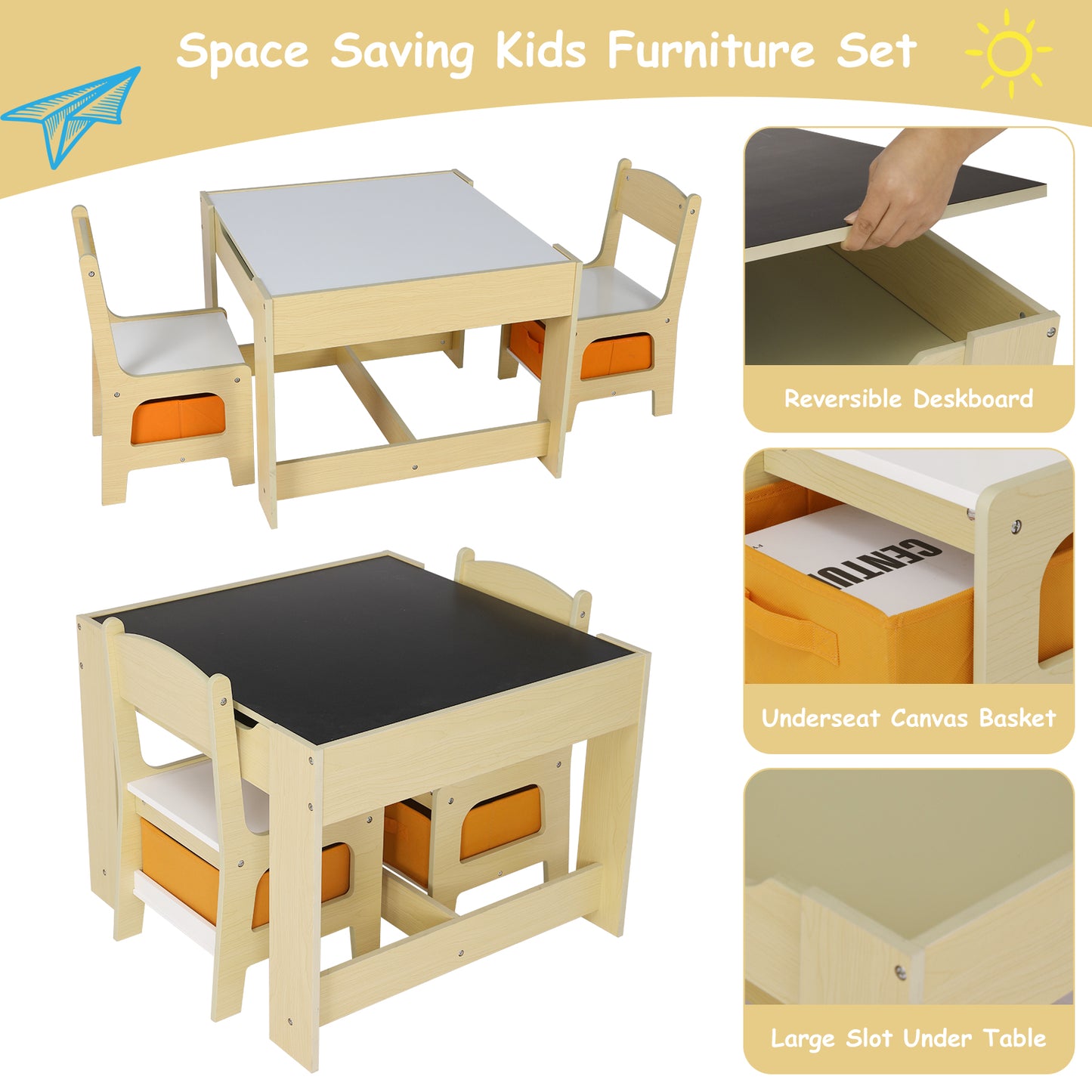 pirecart Kids Wood Table & 2 Chairs Set Children Activity Table with Storage Boxes