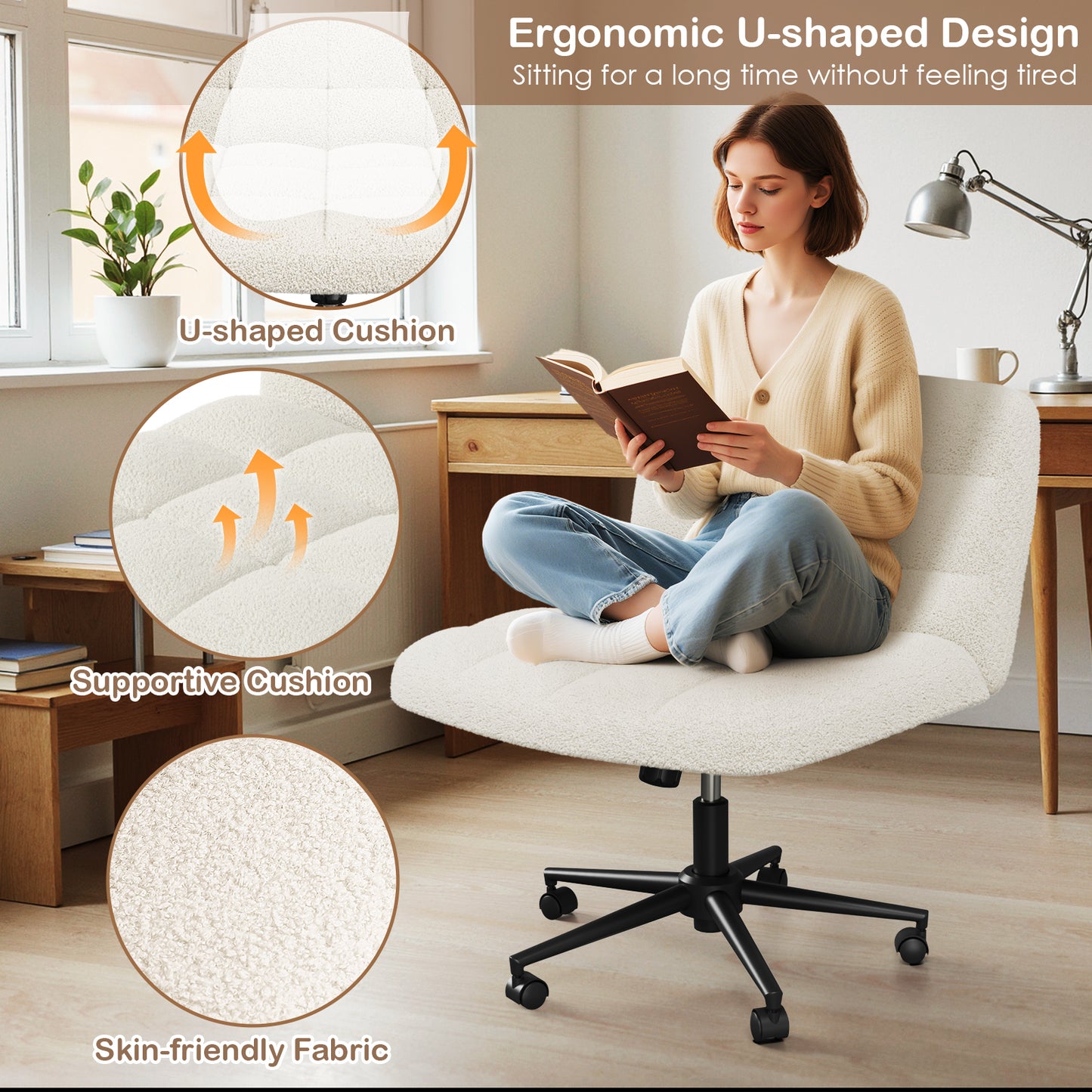 Pirecart Criss Cross Chair with Wheels, Armless Swivel Vanity Chair, Height Adjustable Cross Legged Office Chair with Comfy Wide Cushion for Desk, Vanity, Bedroom, Sherpa Fleece