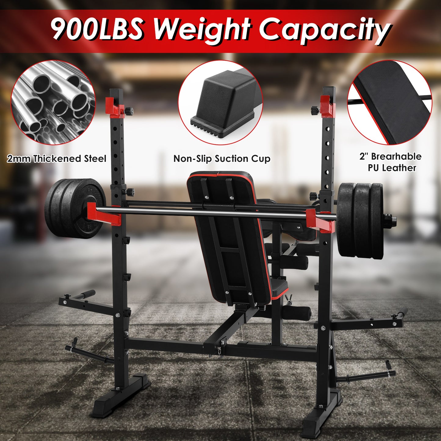 Pirecart 900LBS 6-in-1 Adjustable Weight Bench Set W/Leg Extension and Preacher Curl, Multi-Function, Olympic Foldable Bench Press Set W/40‘’ Squat Rack, Flat Exercise Workout for Home Gym