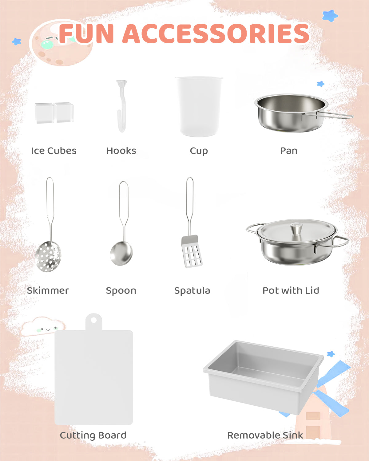 Pirecart Wooden Corner Play Kitchen, Kids Play Kitchen with Blackboard and 6Pcs Cooking Accessories, Toddler Play Kitchen Set with Realistic Sound & Light