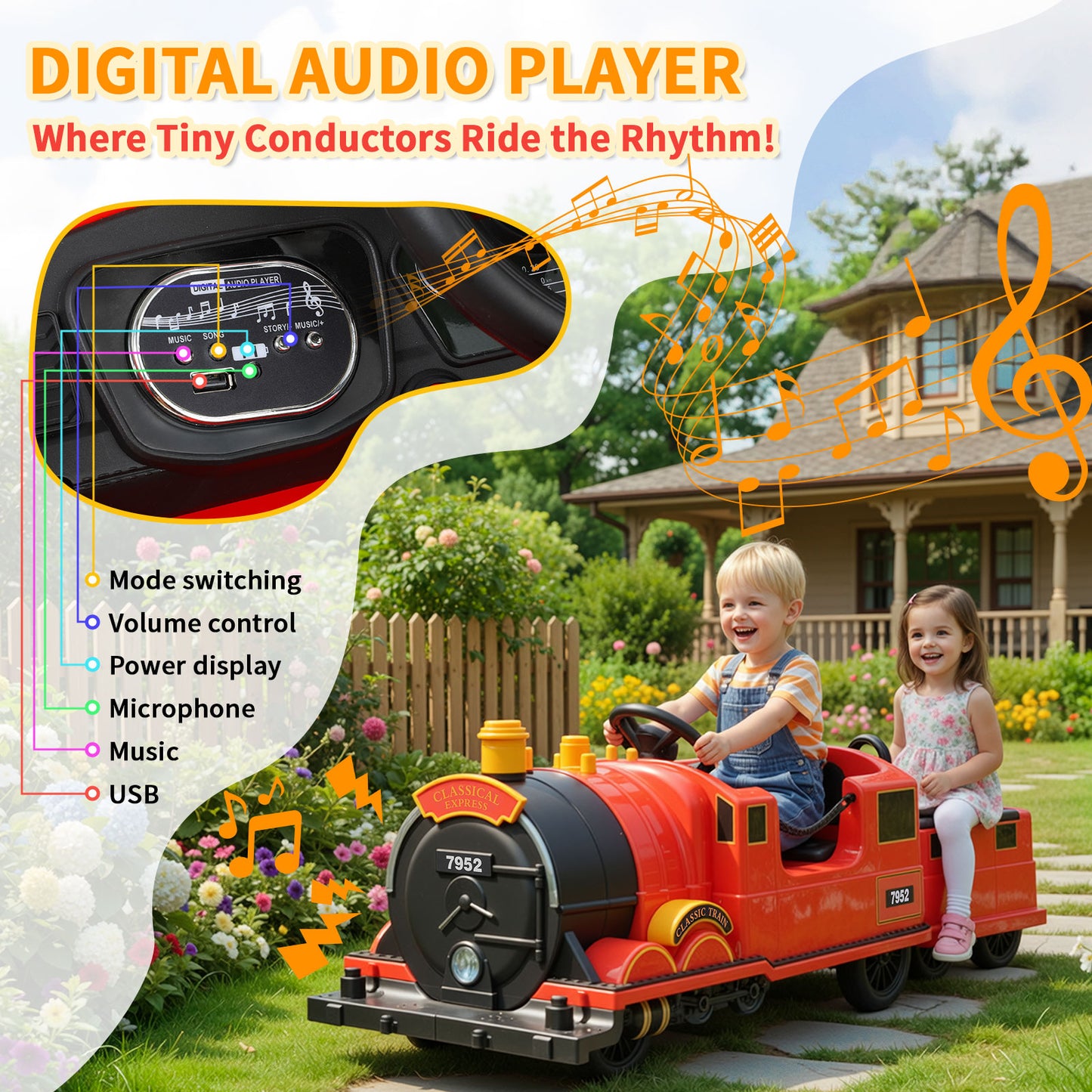 Ride on Train Trackless for Kids, Toddler Ride on Toy Train with Under Seat Storage, 12V 4 Wheeler Electric Car with Whistle & Music for Age 3+ Boys and Girls Gift