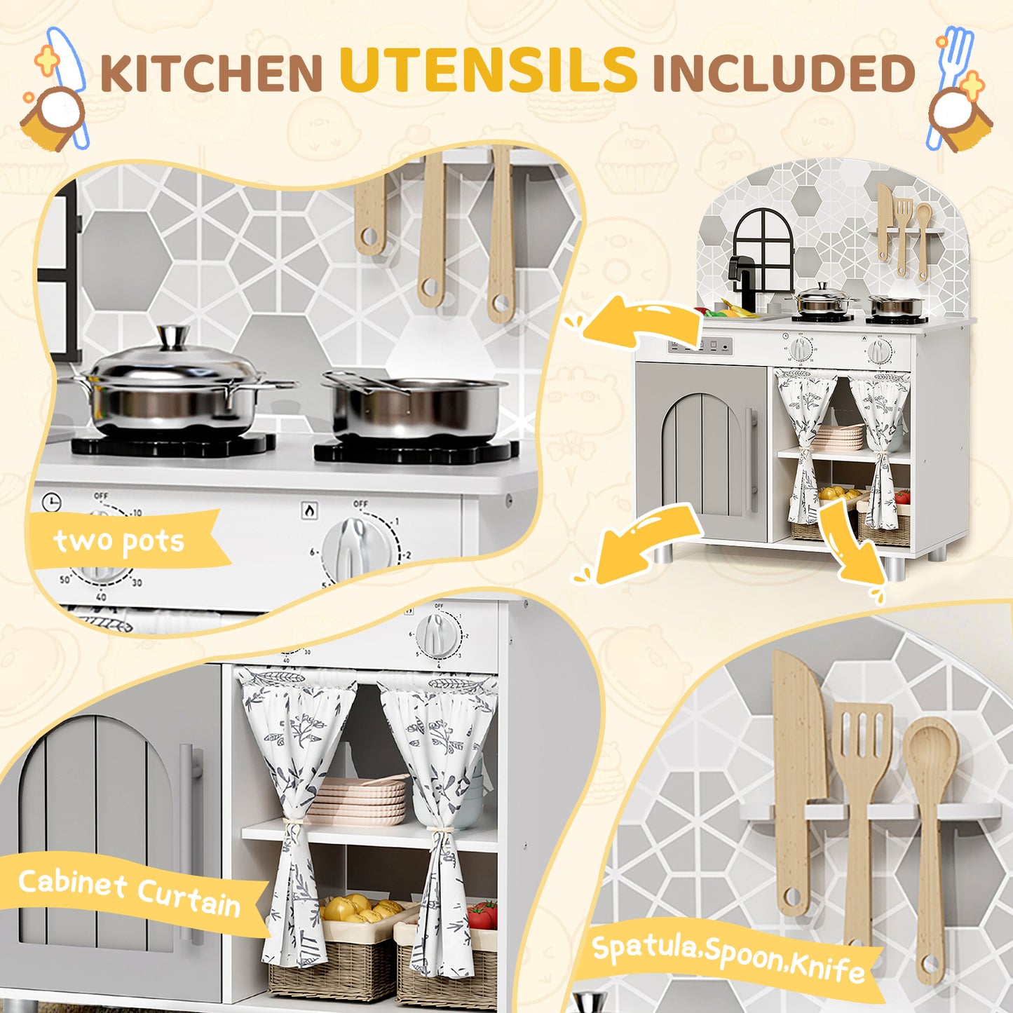 Pirecart Kids Play Kitchen, Toddler Wooden Kitchen Playset with Cooking Accessories and Clicking Knobs, Educational Chef Pretend Play Set for Ages 3+