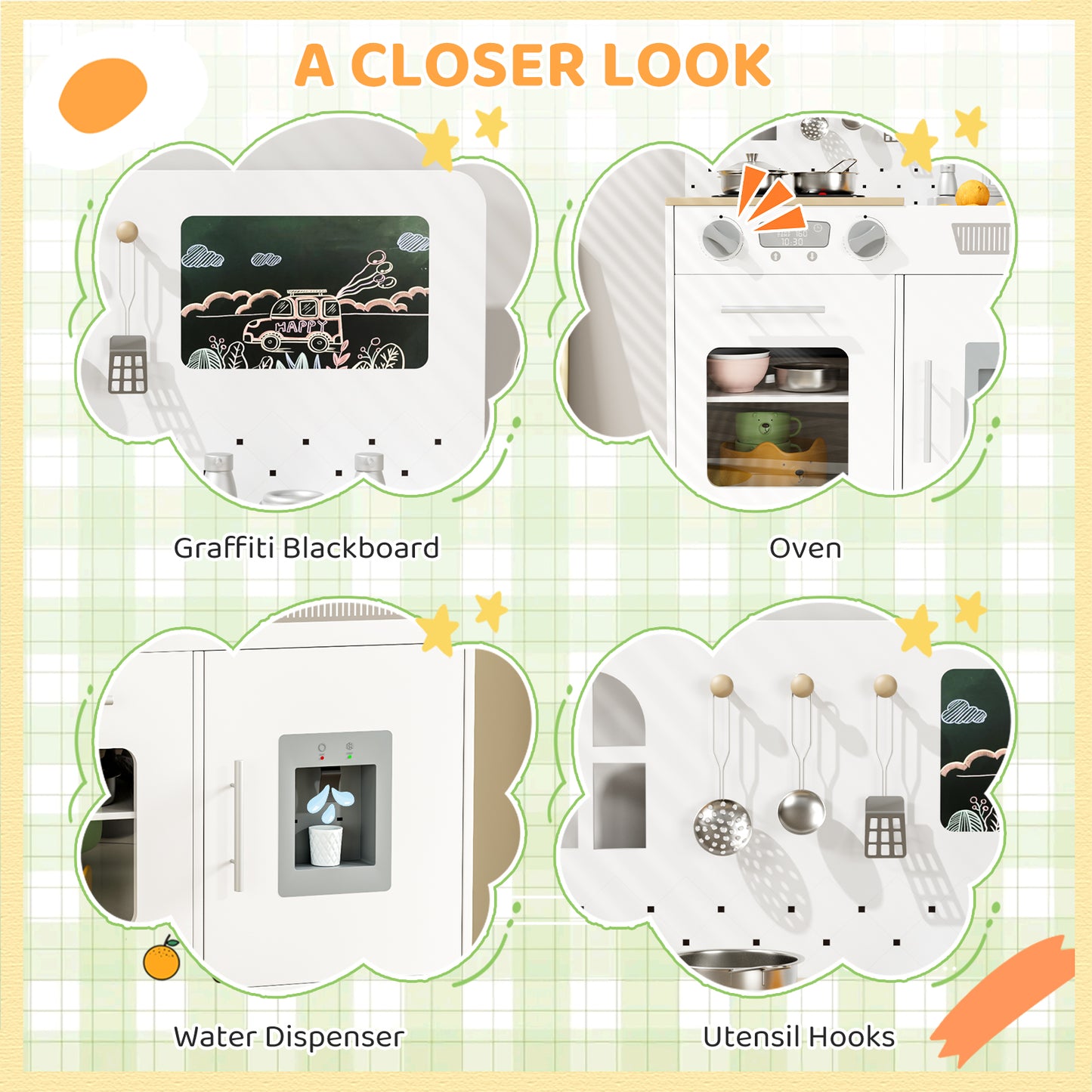 Pirecart Kids Play Kitchen Set, Wooden Kitchen Playset with Real Lights & Sounds, Toddler Pretend Play Kitchen Set with Knob Sounds, Sink, Water Dispenser, 6 Pcs Cookware & Chalkboard Panel