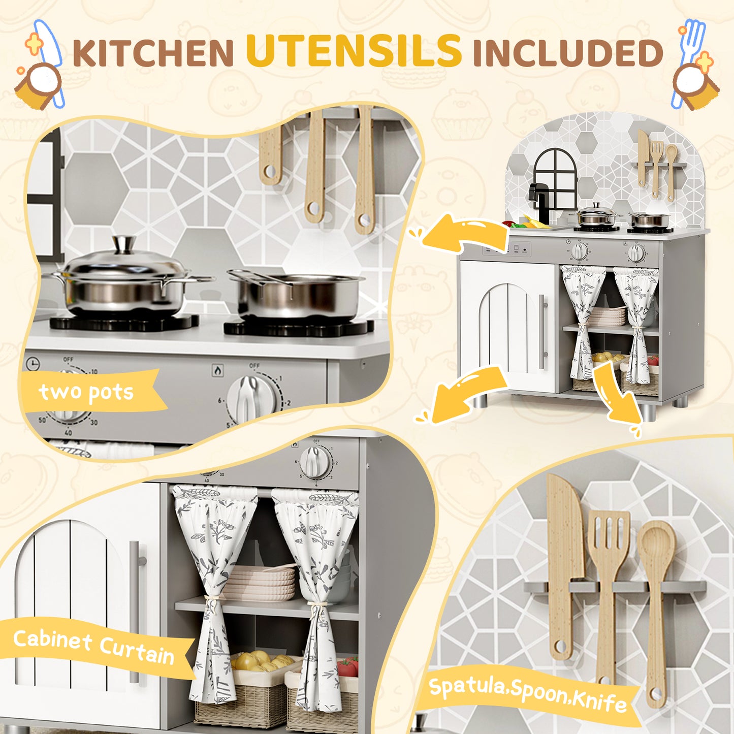 Pirecart Kids Play Kitchen, Toddler Wooden Kitchen Playset with Cooking Accessories and Clicking Knobs, Educational Chef Pretend Play Set for Ages 3+