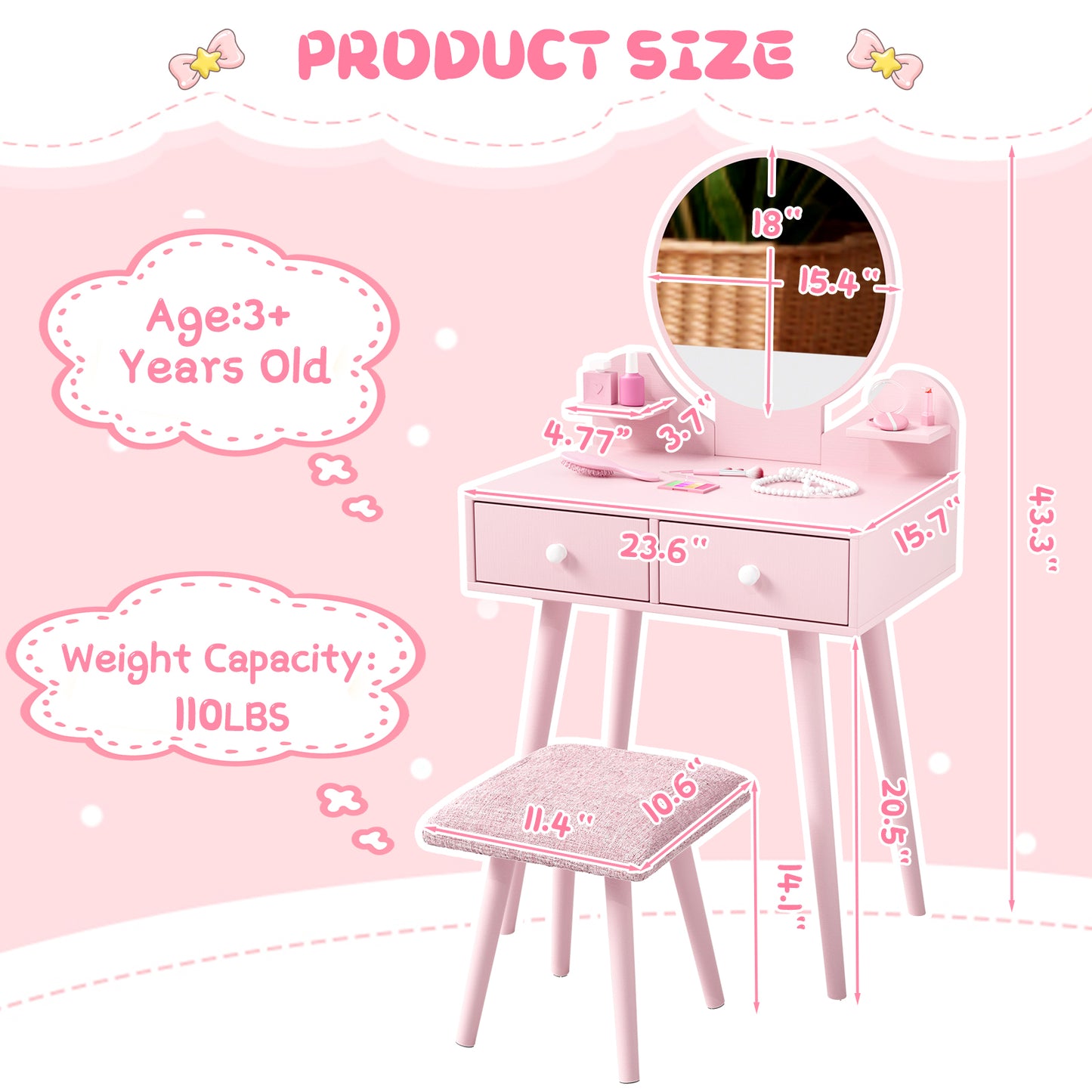 Pirecart Kids Vanity Table and Chair Set, 2 in 1 Wooden Makeup Table and Stool with Storage Drawer & Shelves & Detachable Top, Girls Vanit for Age 3+