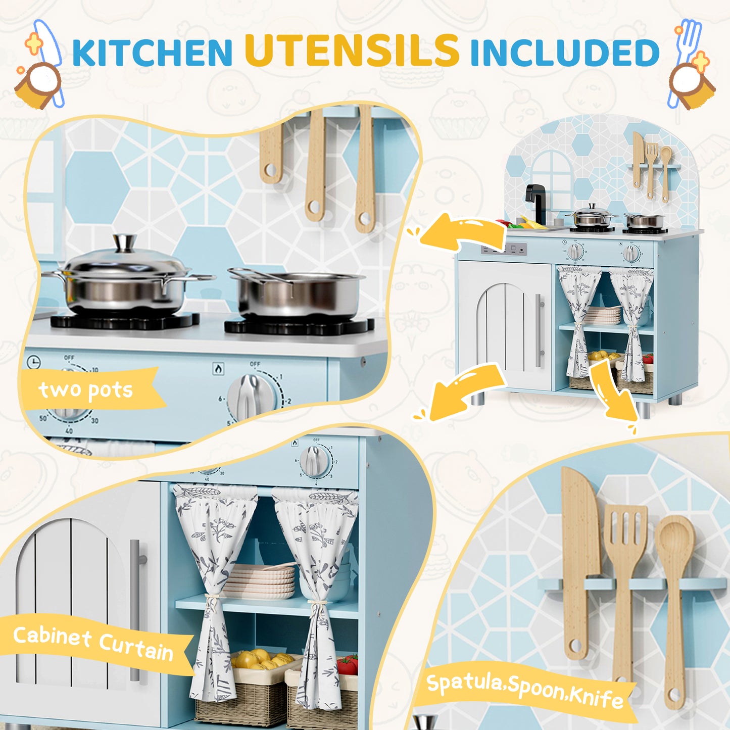 Pirecart Kids Play Kitchen, Toddler Wooden Kitchen Playset with Cooking Accessories and Clicking Knobs, Educational Chef Pretend Play Set for Ages 3+