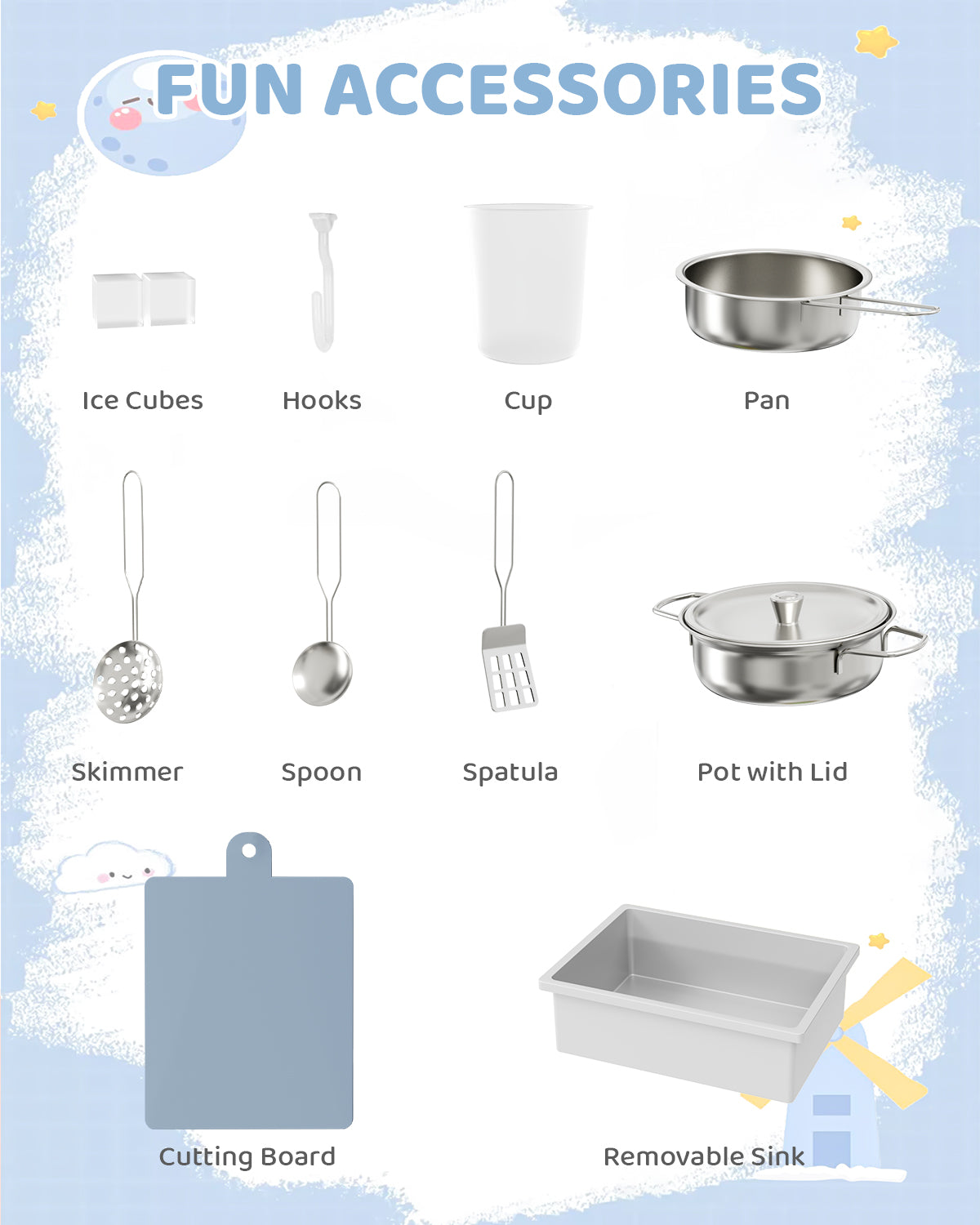 Pirecart Wooden Corner Play Kitchen, Kids Play Kitchen with Blackboard and 6Pcs Cooking Accessories, Toddler Play Kitchen Set with Realistic Sound & Light