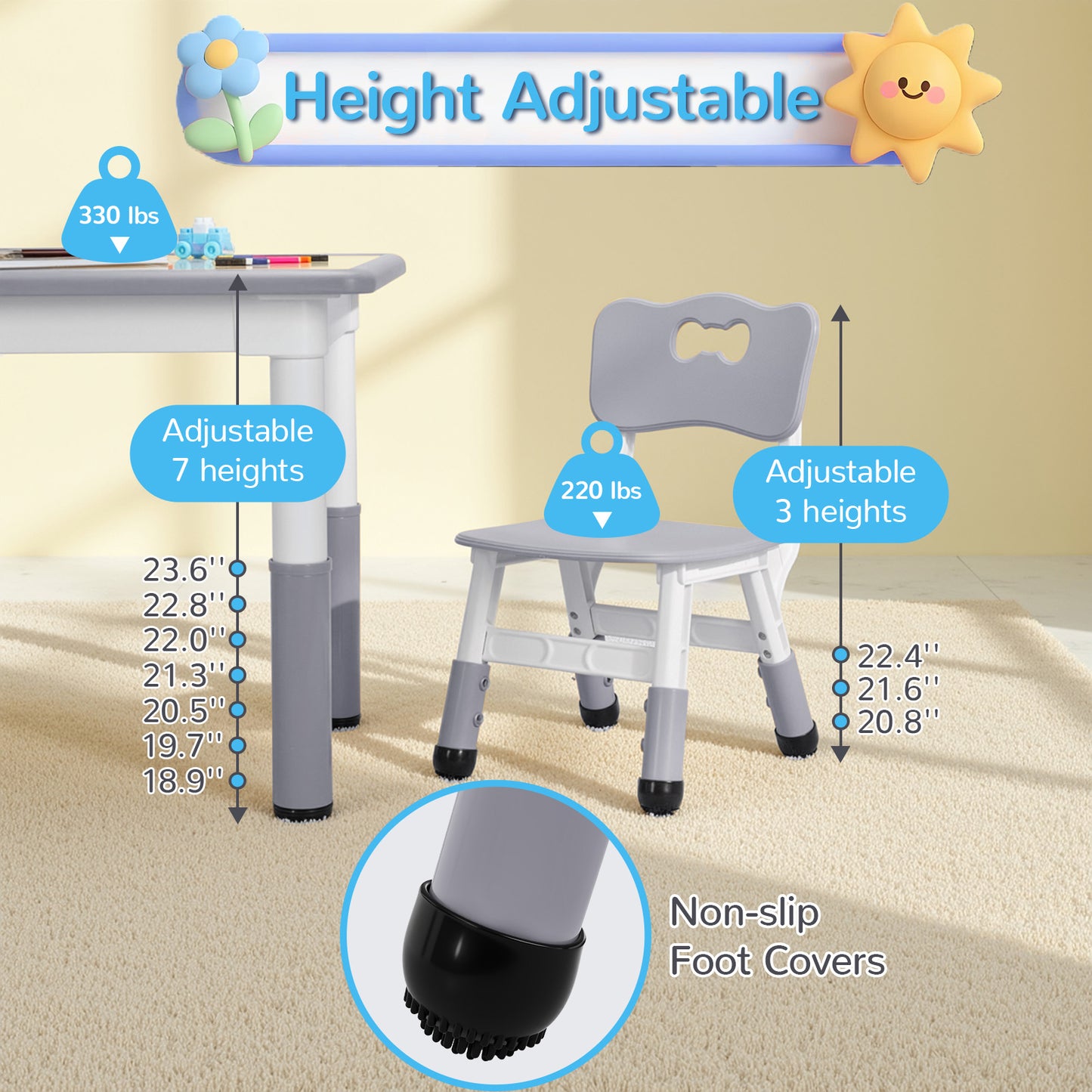 Pirecart Kids Table and 2 Chairs Set, Height Adjustable Children Multi Activity Table and Chair Set, Non-Slip Legs & Graffiti Desktop, for Drawing, Reading, Studying