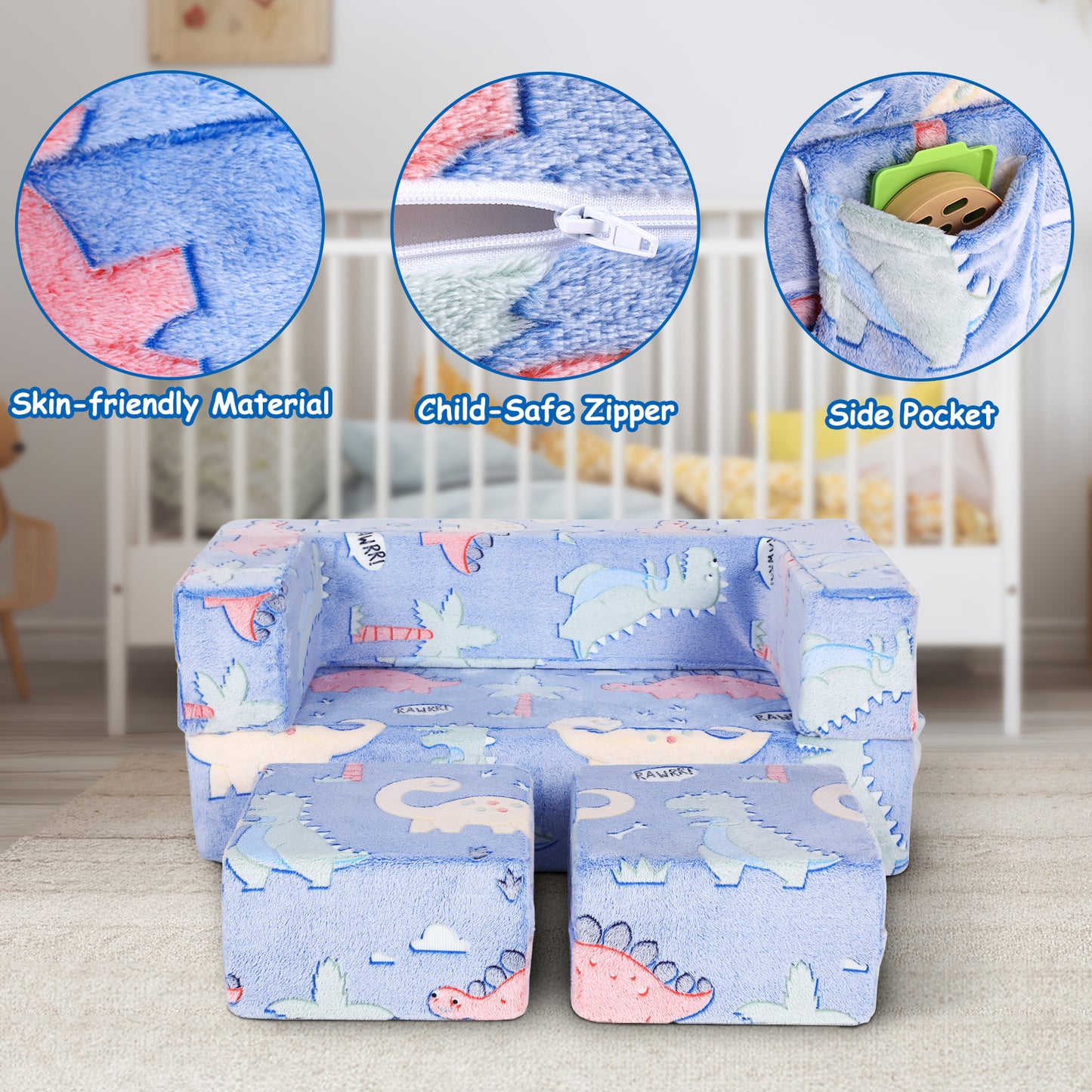 pirecart Kids Sofa Couch, Modular Toddler Couch with Glowing Dinosaur, 2 Ottomans and 1 Side Pocket