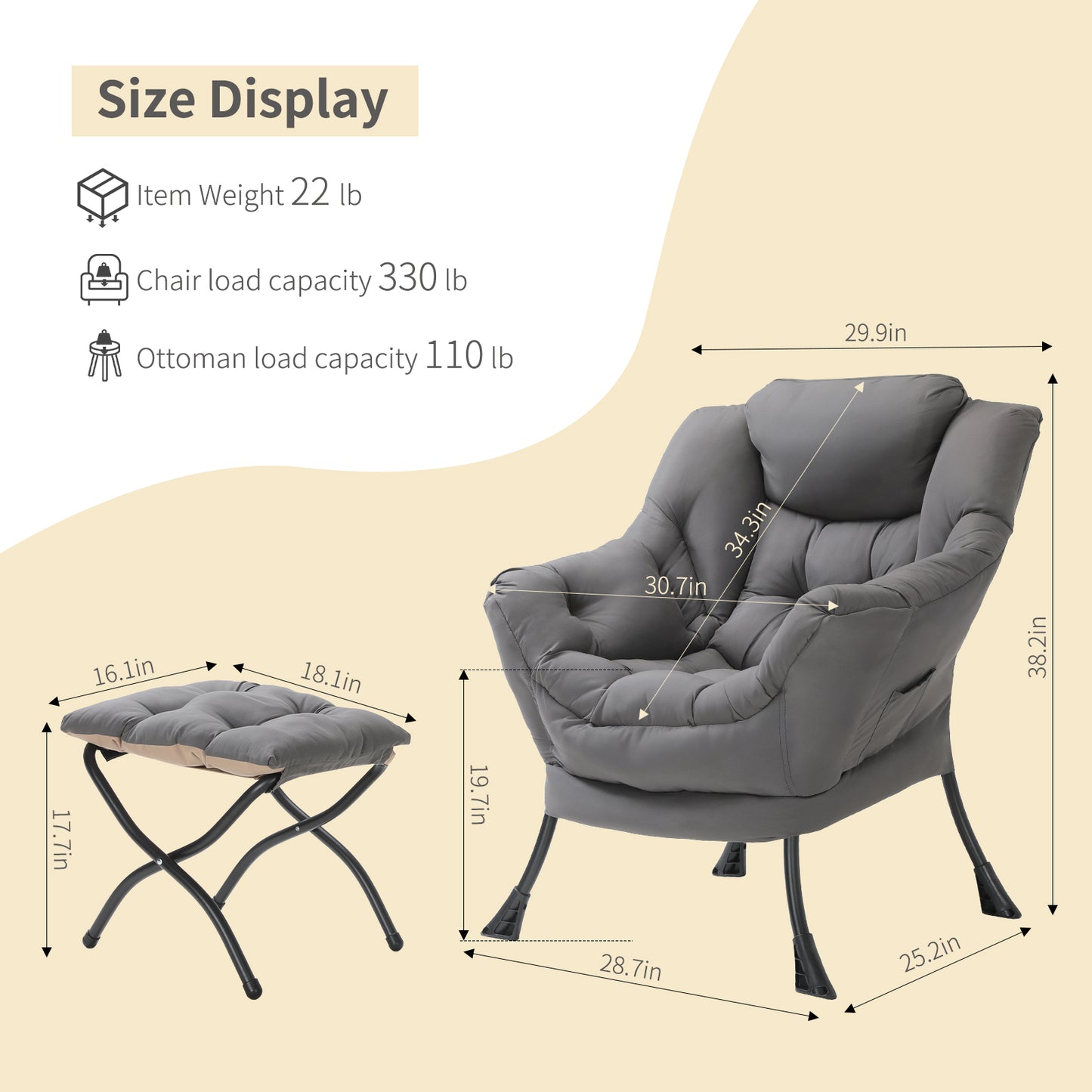 Pirecart Fabric Lazy Chair with Foldable Ottoman and Side Pocket, Large Comfy Chair with Footstool Set Reading Chair Leisure Sofa Chair for Bedroom, Living Room