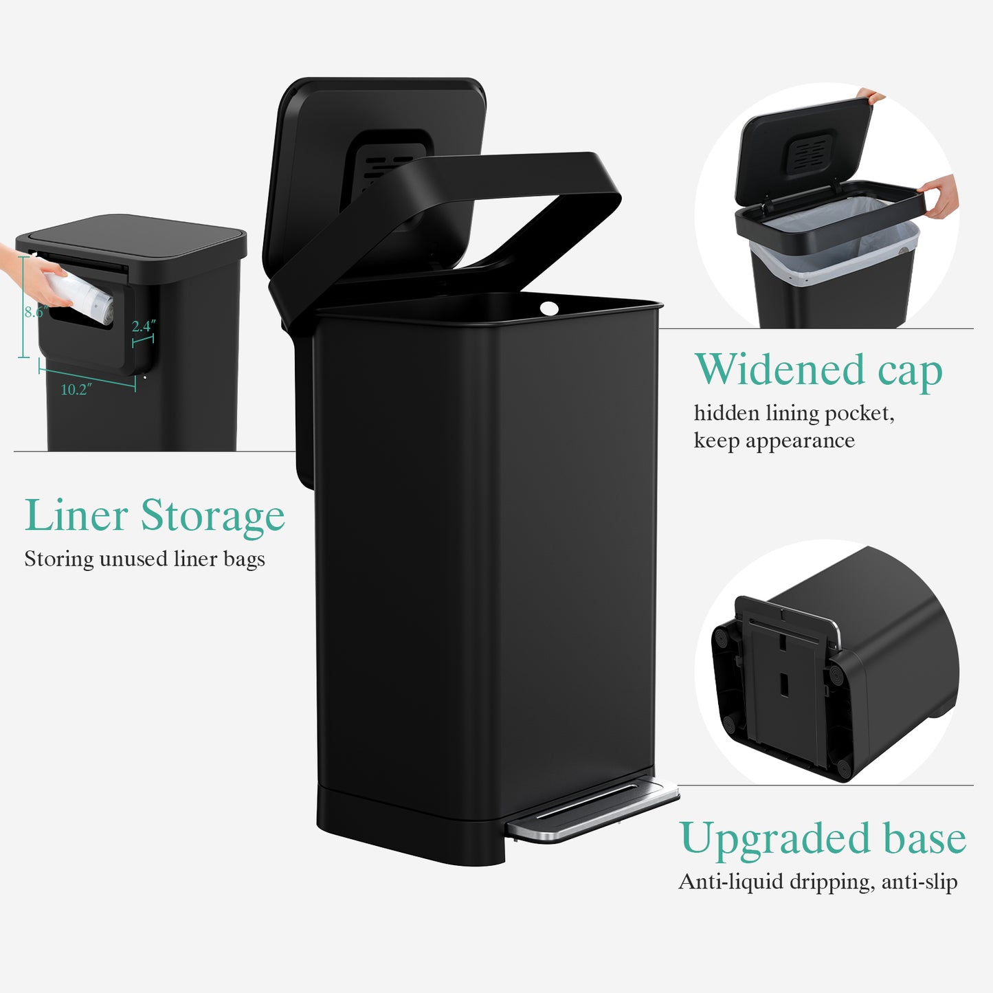 Pirecart 13.2 Gal Stainless Steel Trash Can, Soft-Close Lid Grabage Can with 15 Inner Bags, Rear Trash Bag Storage Compartment, Large Capacity Step Trash Can With Built-In Deodorizer Box