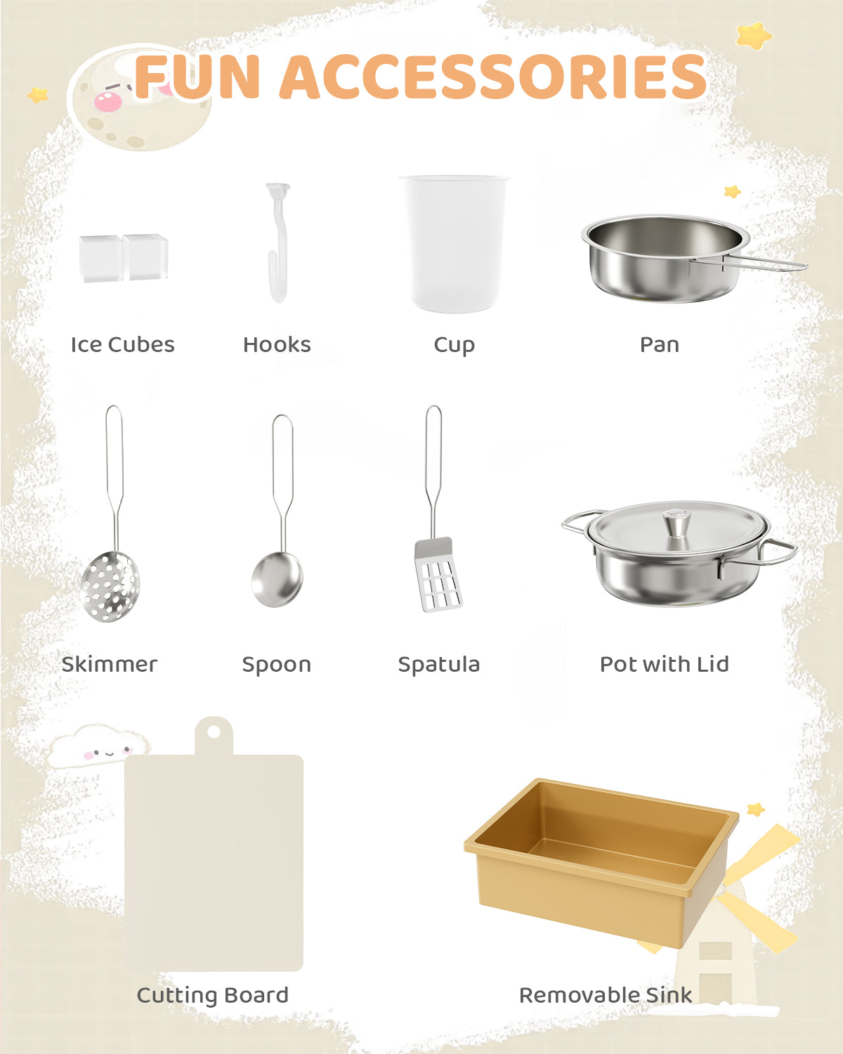 Pirecart Wooden Corner Play Kitchen, Kids Play Kitchen with Blackboard and 6Pcs Cooking Accessories, Toddler Play Kitchen Set with Realistic Sound & Light