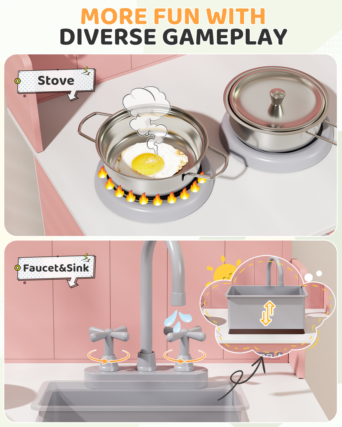 Pirecart Kids Play Kitchen with Ample Storage and Cooking Accessories, Toddler Kitchen Playset with Simulated Gas Tray, Clicking Knobs, Sink, Faucet