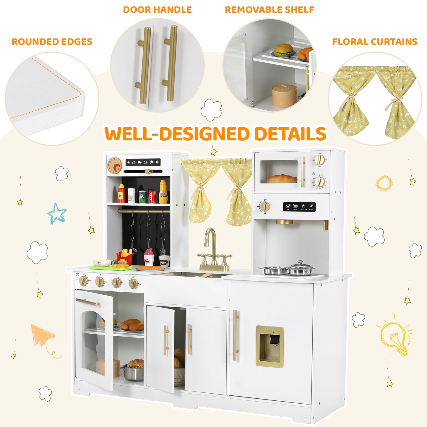 pirecart Kids Play Kitchen, Wooden Pretend Toy Kitchen, Toodler Cooking Playset w/Stove, Sink, Microwave, Water Dispenser, Curtain