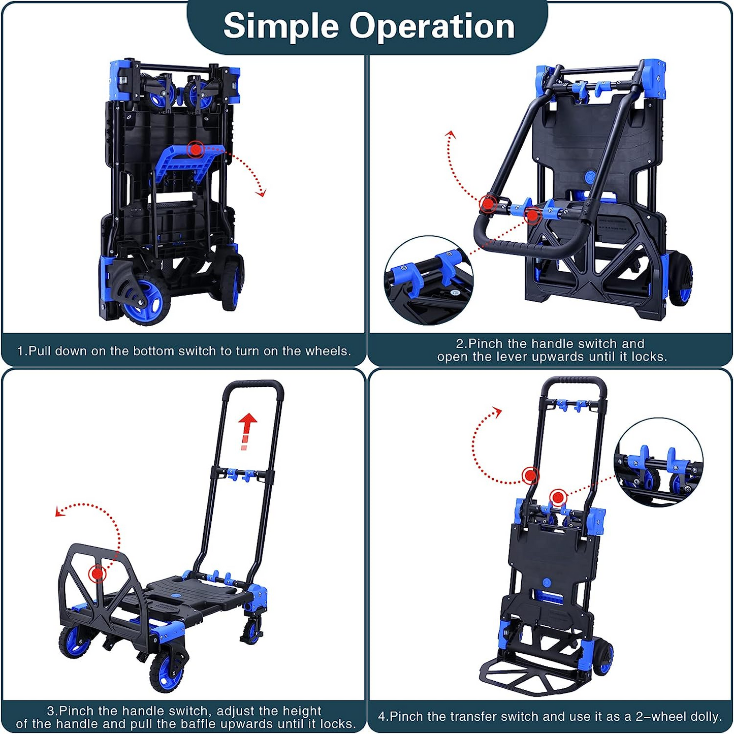 Pirecart Portable Hand Truck, Platform Cart with 4 Wheels& 22" Storage Box, 3-in-1 Folded Dolly Cart Max Load 300Lbs for Travel, Luggage, Shopping, Moving Use