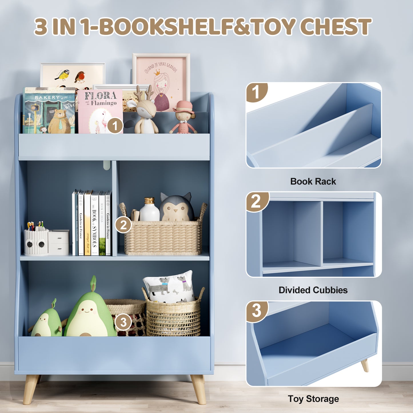 Pirecart Kids Bookshelf Kid's Cubby Toy Storage Cabinet with Legs for Bedroom, Living Room, Playroom, Nursery