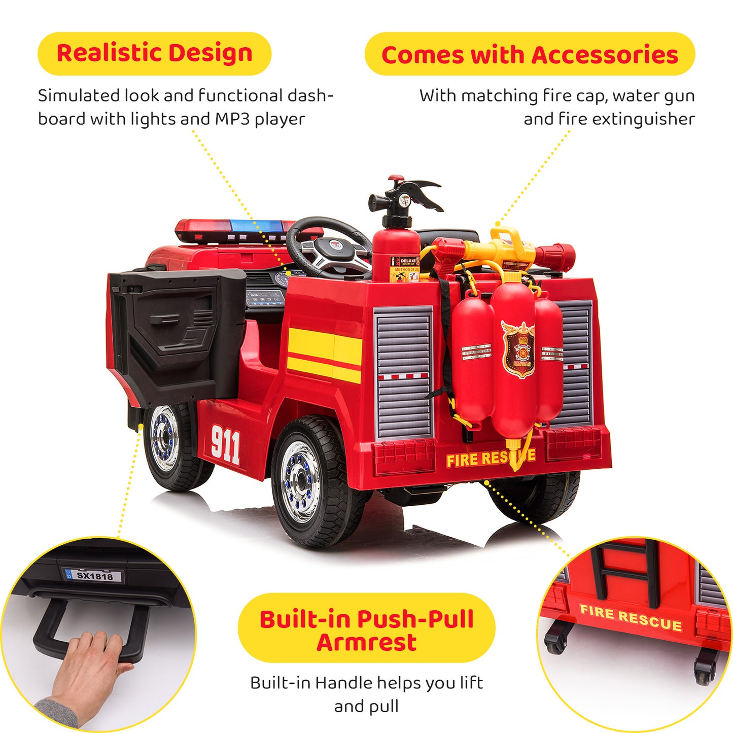 pirecart Ride On Fire Truck 12 Volt Battery Powered Fire Car Toy with Remote Control