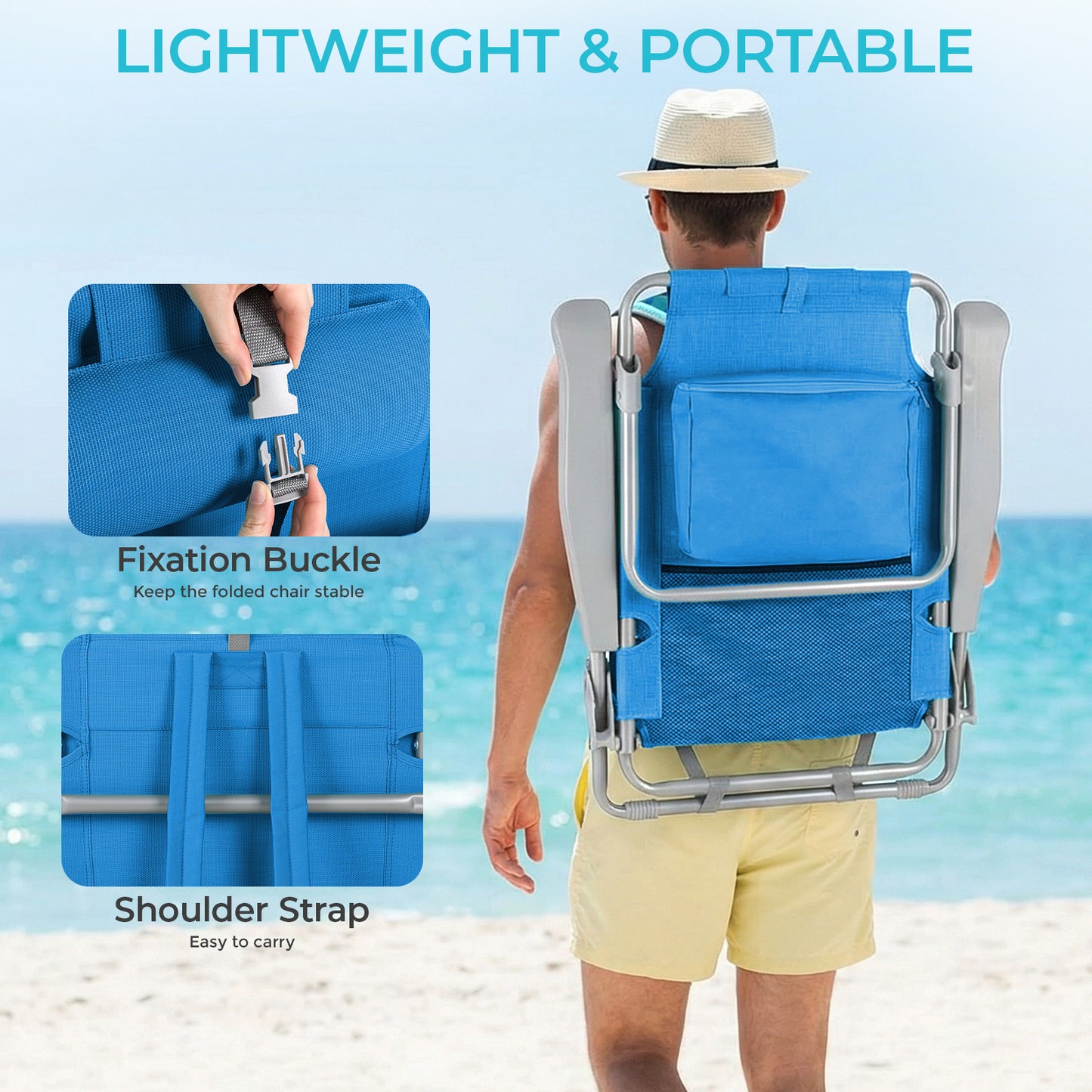 Foldable Beach Chair, 5-Position Lay Flat Reclining Beach Chair W/ Headrest, Storage Bag, Cooler Pouch,Towel Bar, Foot Mat