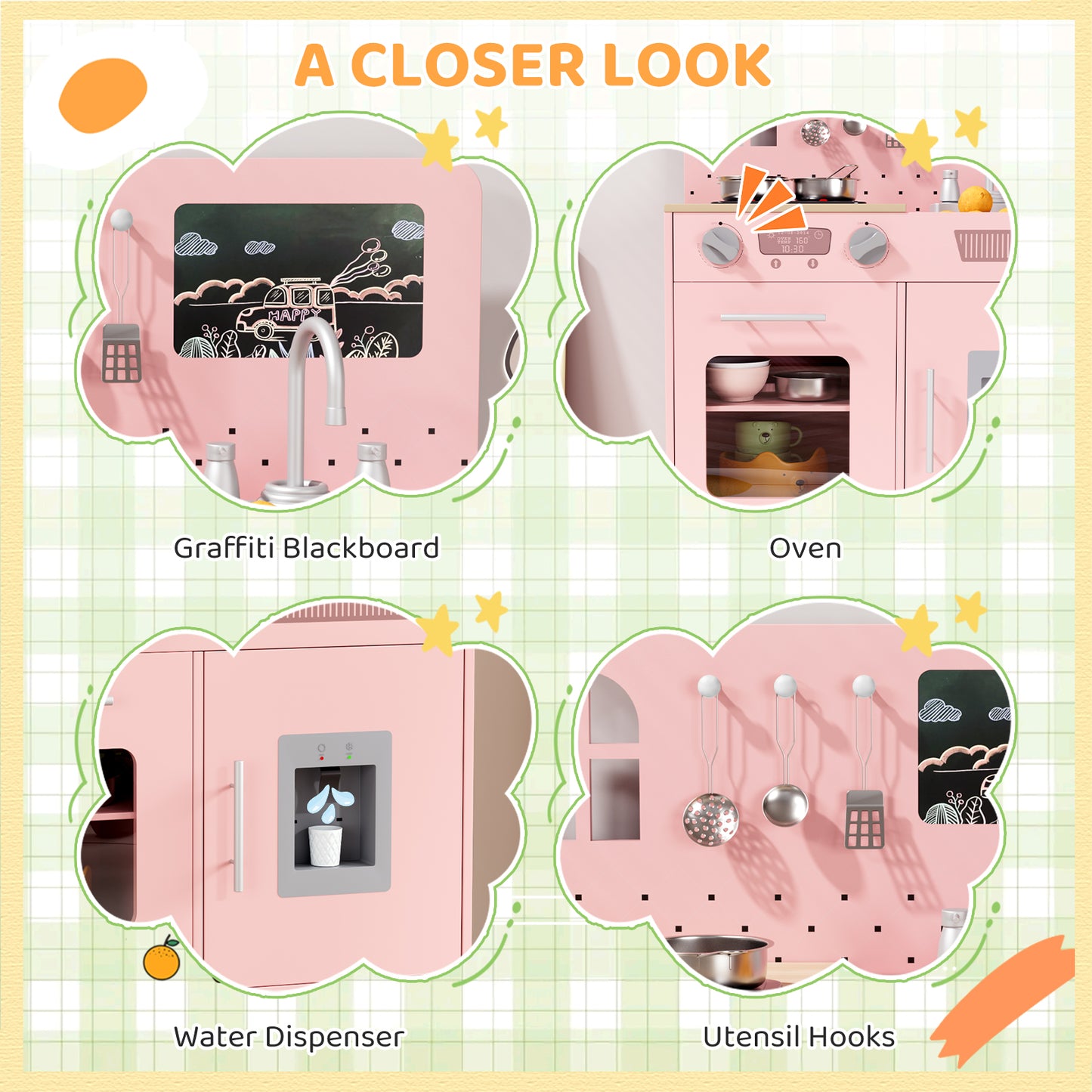 Pirecart Kids Play Kitchen Set, Wooden Kitchen Playset with Real Lights & Sounds, Toddler Pretend Play Kitchen Set with Knob Sounds, Sink, Water Dispenser, 6 Pcs Cookware & Chalkboard Panel