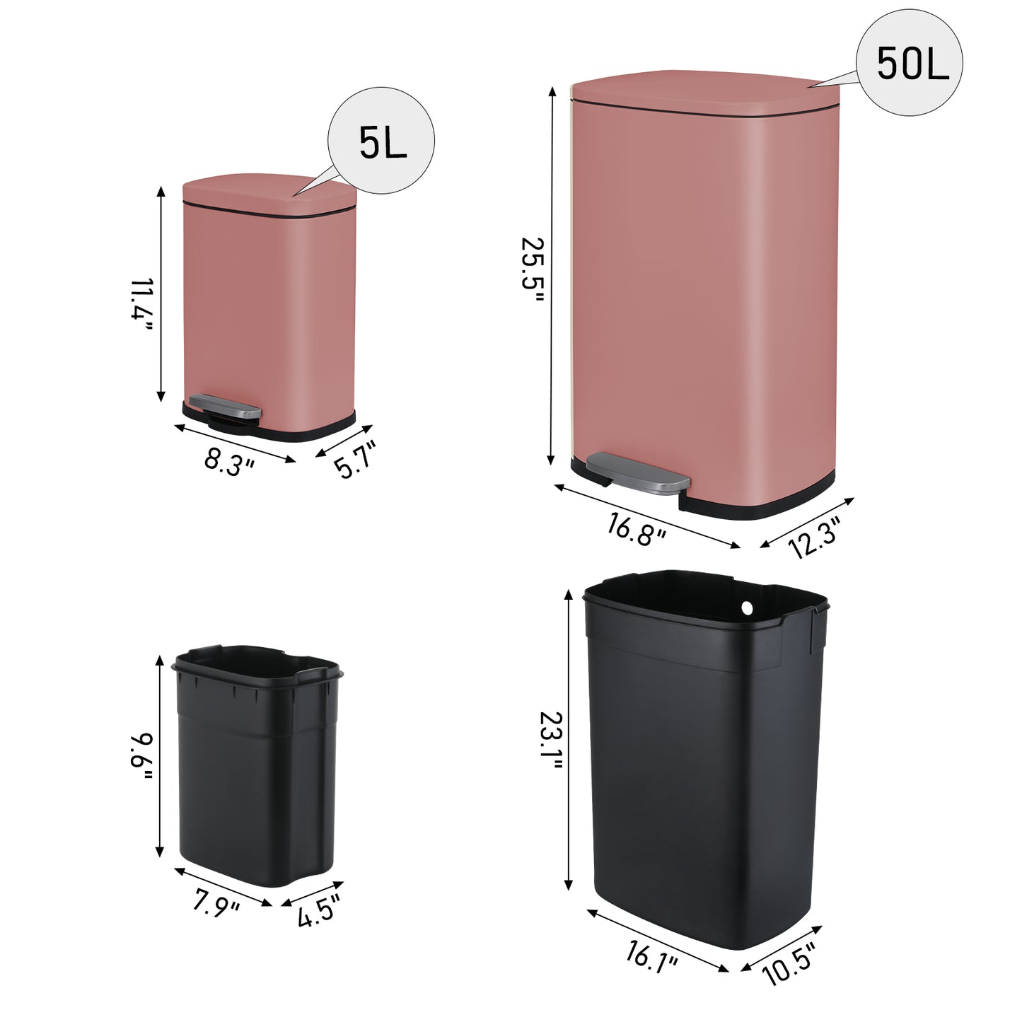 pirecart 13.2+1.3 Gallon Step Trash Can, Kitchen Home Stainless Steel Garbage Bin