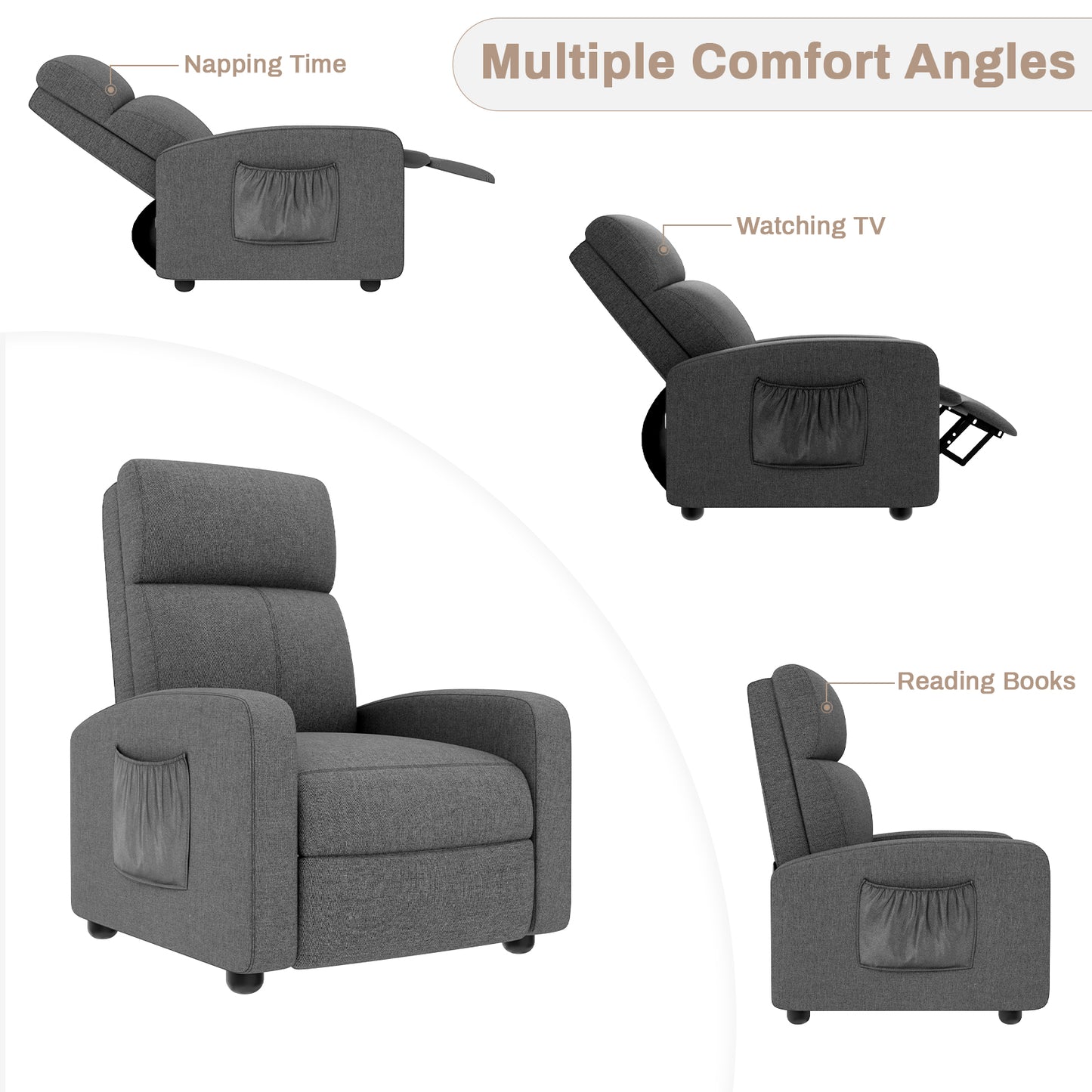 Pirecart Fabric Reclining Chair, Single Sofa Chair with Thicker Seat Cushion and a Side Pocket, Home Theater Seating with Adjustable Backrest and Footrest