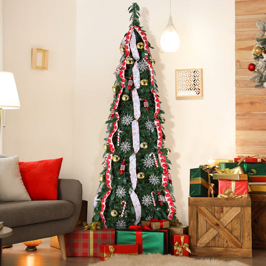 Pirecart 4/6/7 FT Artificial Christmas Tree Pre Lit Decorated with Remote Control Warm White Colored Lights, Collapsible Christmas Tree with 11 Light Models Colored Light Balls Ribbon Snowflake Holiday