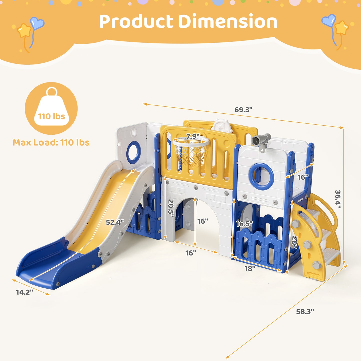 Pirecart Large Toddler Slide, Indoor Outdoor Kids Climber Playset with Basketball Hoop, Storage Space, Tunnel for Boys and Girls