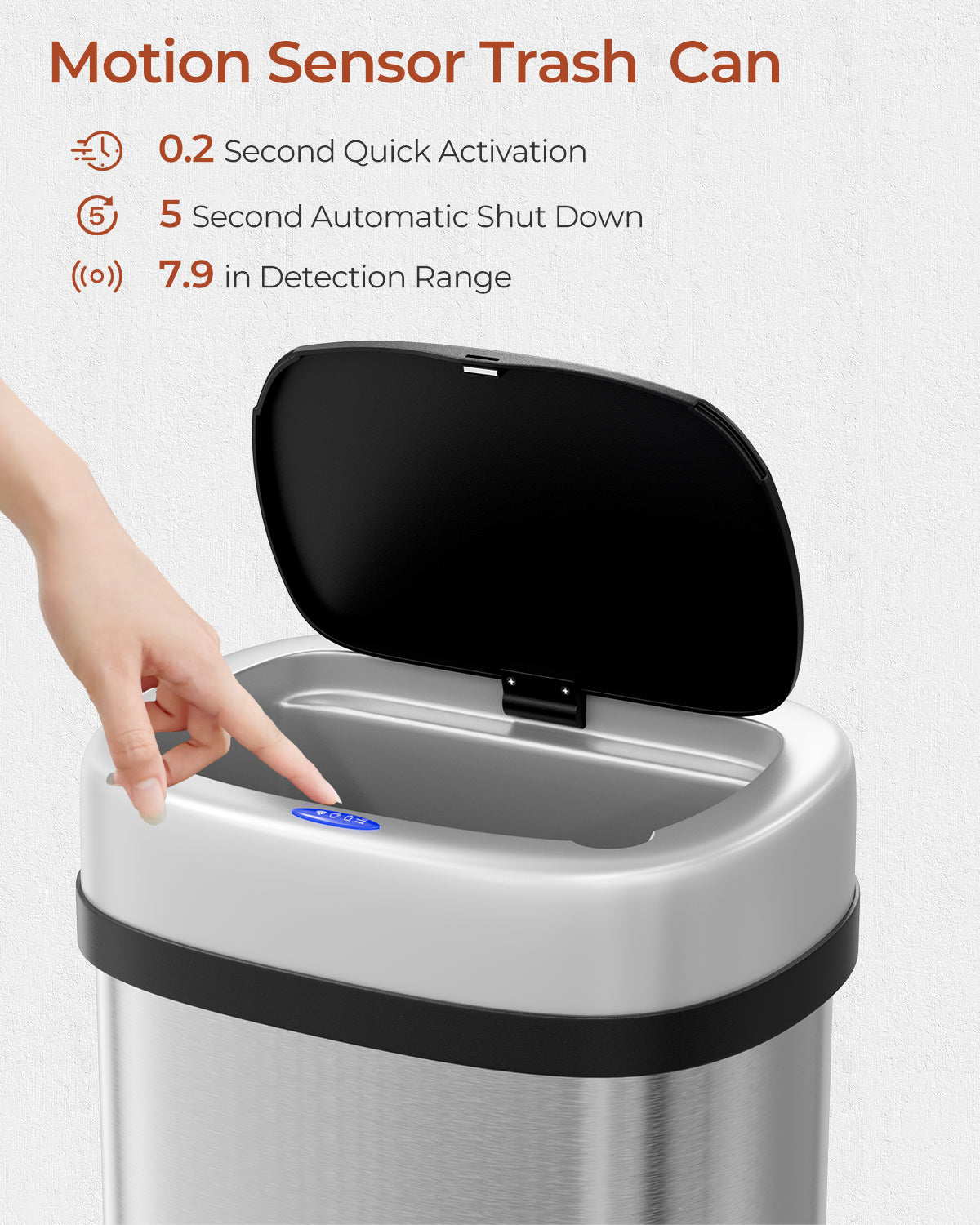 Pirecart Motion Sensor Trash Can, Stainless Steel Automatic Garbage Can with Soft-Close Lid, for Kitchen/Living Room/Office, Silver, Black, White