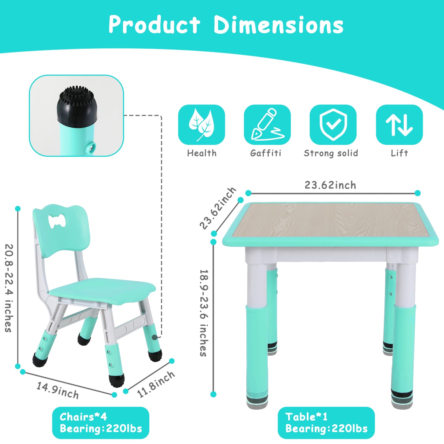 pirecart Kids Study Table and 4 Chair Set, Height Adjustable Toddler Table and Chair Set